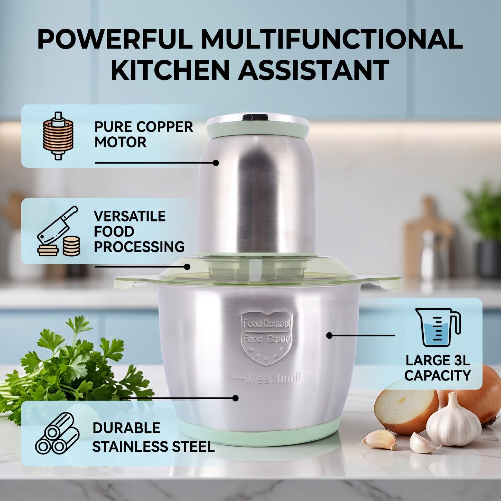 Procesador de Alimentos 3L 400W, Picadora de Carne de Acero | Picado de Calidad Comercial, Ideal para Ajos, Cebollas, Nueces y Verduras, Diseño Compacto y Fácil de Limpiar