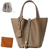 Genuine Leather Lock Design Bucket Bag Vegetable Basket, Fashionable and Versatile Satchel Handbag