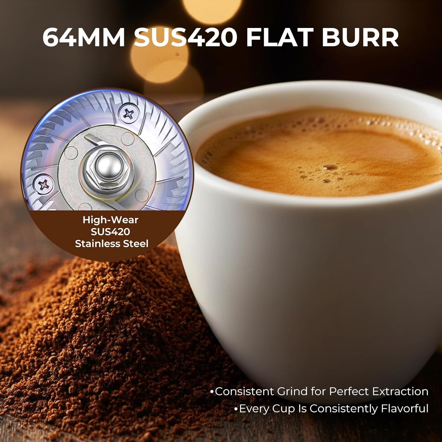 Commercial Coffee Grinder with Electric Tamper, 64mm SUS420 Flat Burr, 14 Grind Settings for Café, Bakery