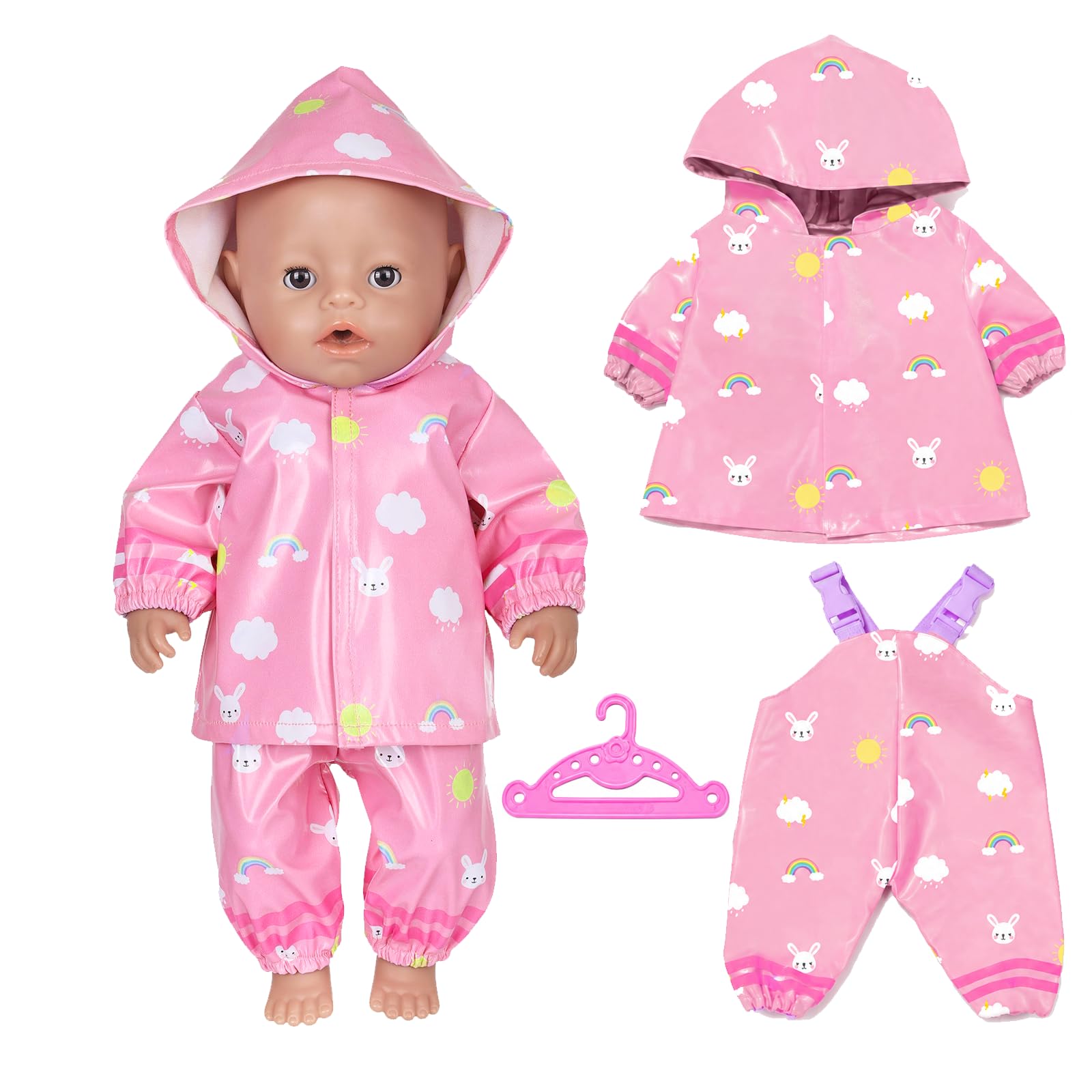 Baby Doll Clothes Raincoat Outfit for 14–18 Inch Dolls, 3 Pcs Waterproof Doll Clothes Pink Cartoon Doll Raincoat Set with, Hanger, 35–45cm Doll Accessories (No Doll)