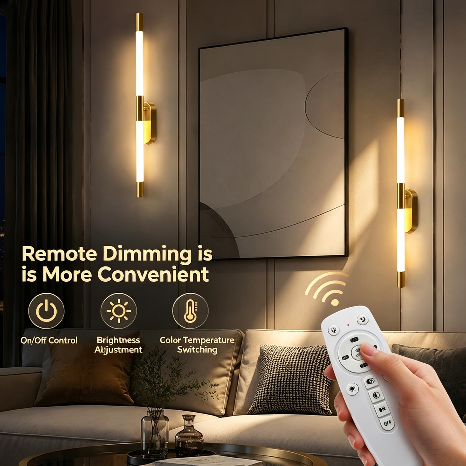 2er Set LED Wandleuchte Innen Gold Dimmbar mit Fernbedienung | 60cm Lange, 18W LED, Acryl Lampenschirm, Verstellbare Farbtemperatur Helligkeit, für Schlafzimmer, Flur, Treppenhaus
