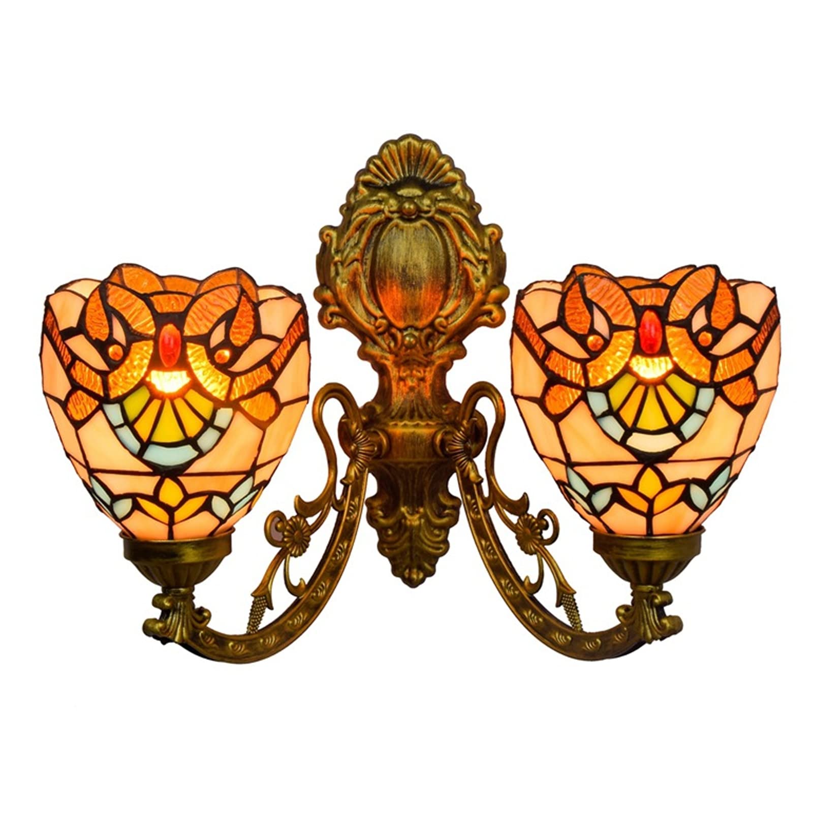 SXSCARKX Double Head Wall Light Tiffany Style Lamp Baroque Stained Glass Lampshade Corridor Aisle Bedroom Sconces Iron Base Needed