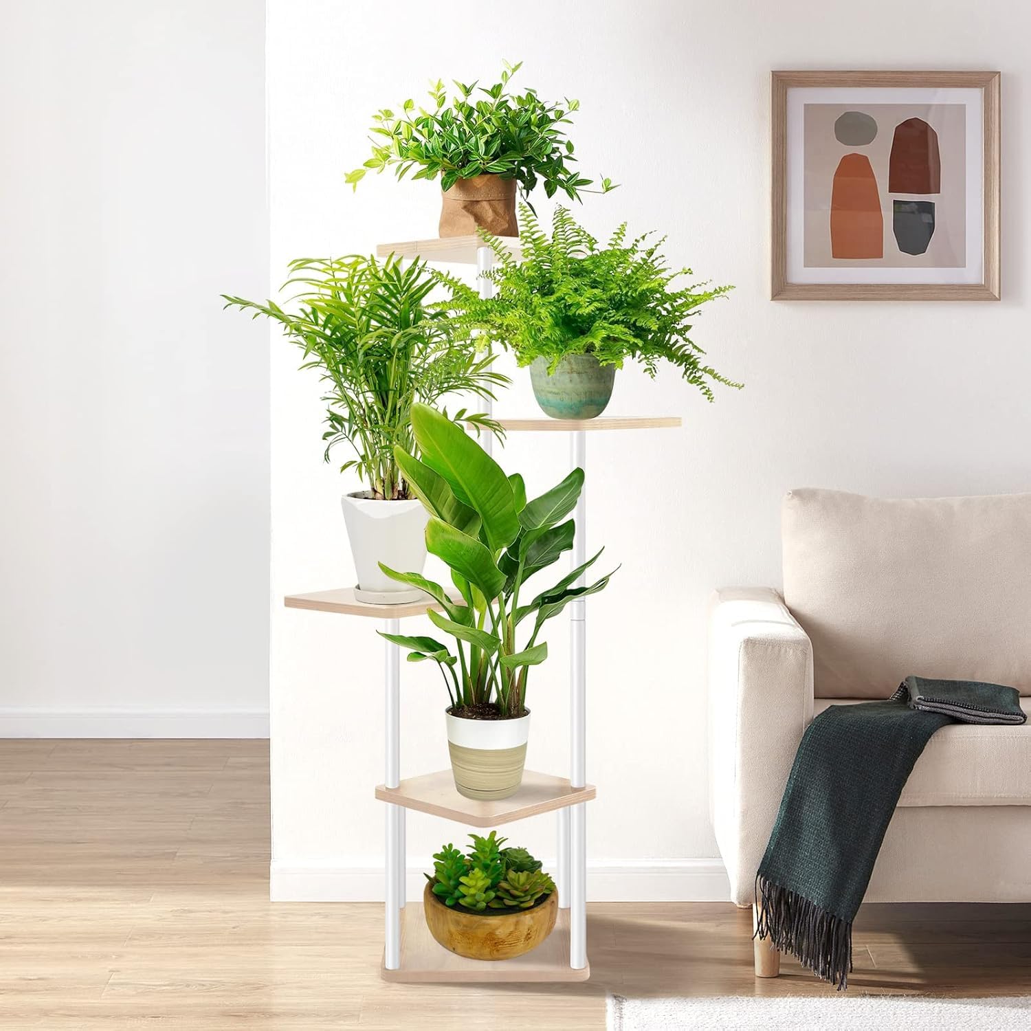 AZERPIAN Support Pour Plantes D'intérieur à 4 Niveaux En Métal Pour Plusieurs Plantes, Supports De Fleurs D'angle Pour Terrasse, Jardin, Salon, Balcon, Chambre à Coucher, Noir (4 Niveaux, Blanc