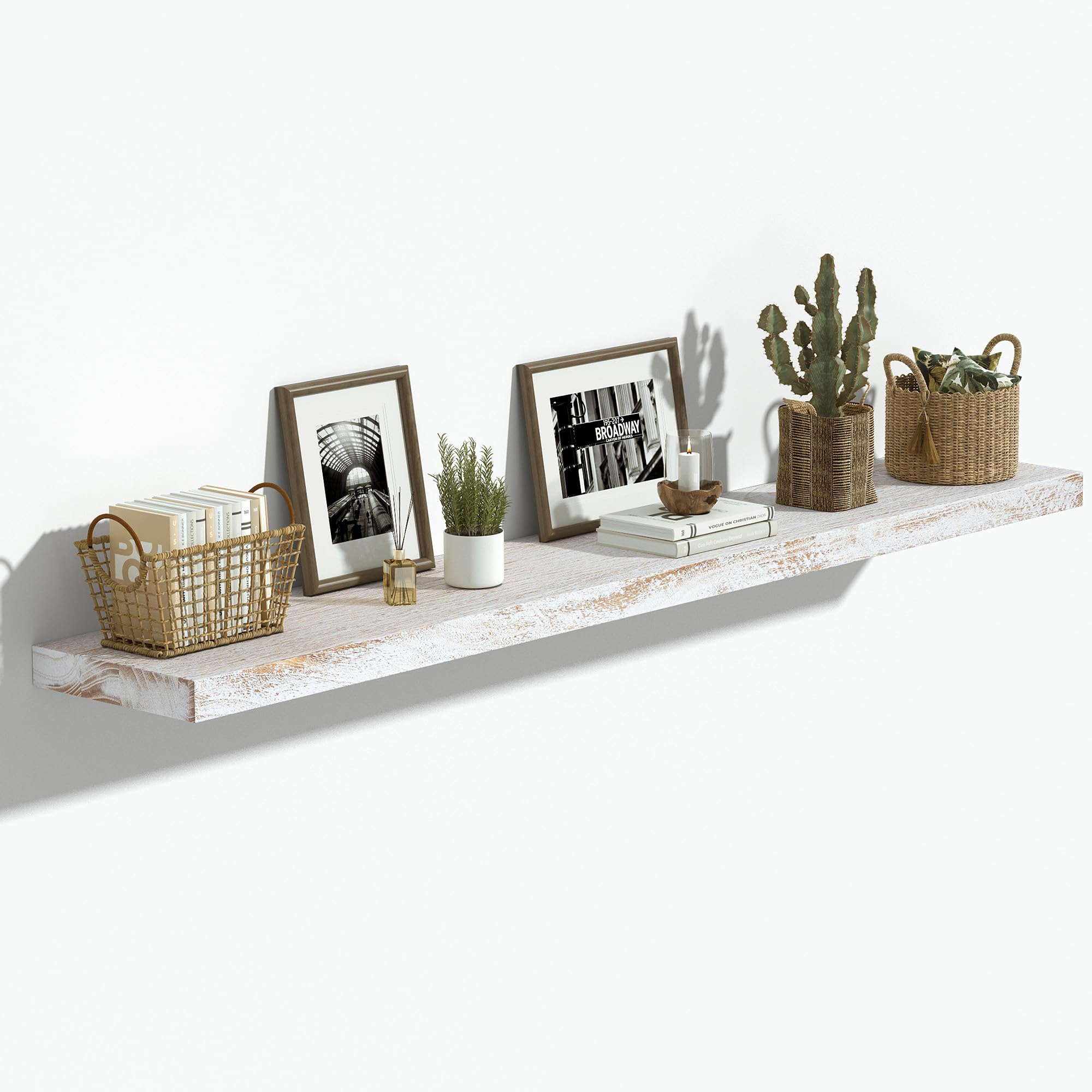 Vivelove Elm Wood Floating Shelf 48x8” Set of 1, Weathered White
