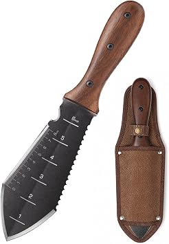 Garden Knife, Full-Tang Wood Handle Weeding Tool with Sheath, Brown | Gardening knife with rust resistant full-tang steel blade, Wood handle and sheath for weeding, Planting and digging tasks