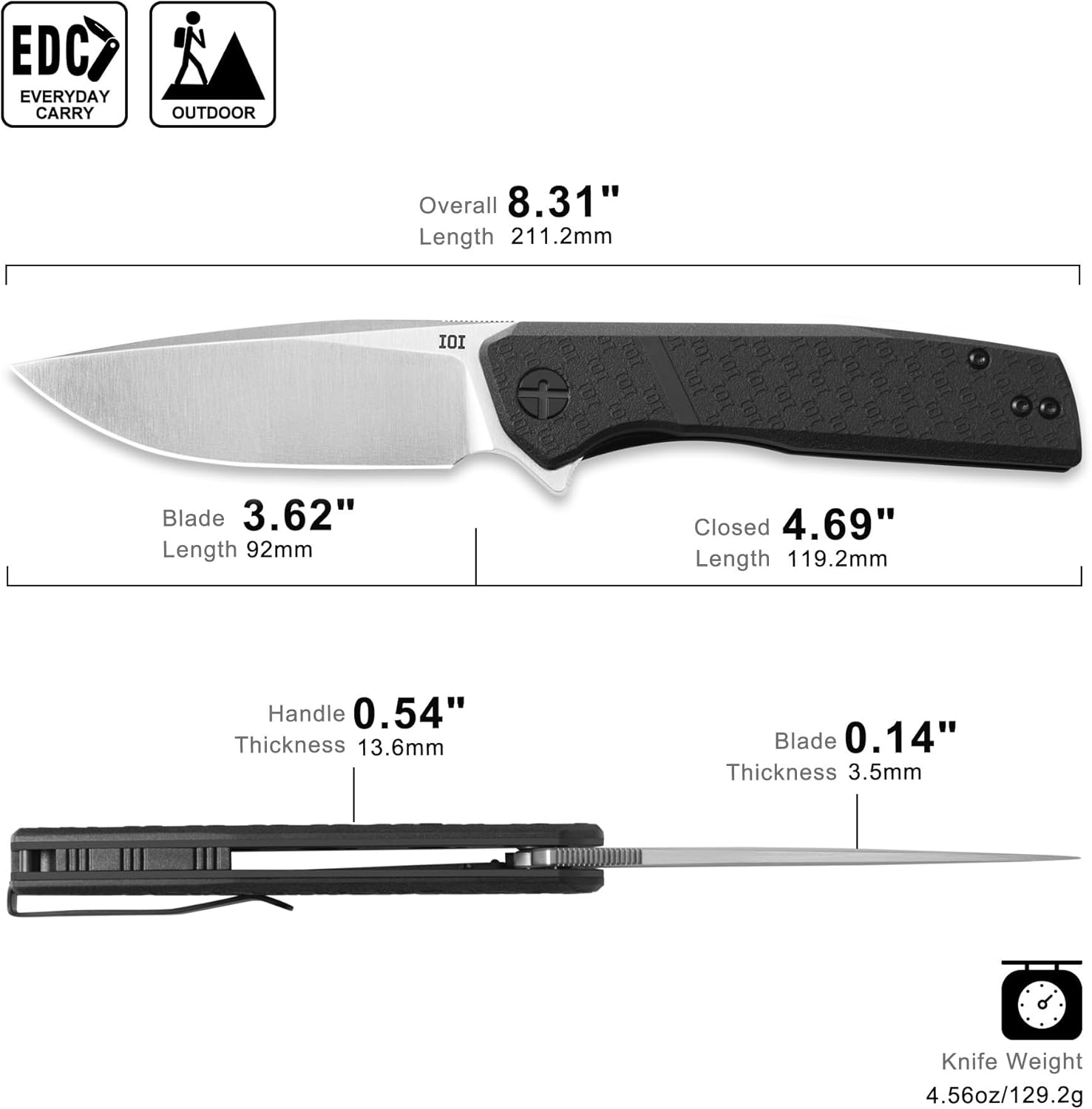 IOI Scout I20232 Folding Pocket Knife for Men – D2 Steel Satin Blade with 3.62" Edge, EDC Knife with Custom Left-Side Clip, Ideal for Camping, Outdoor Utility, Daily Tasks, Work Tools or Gift Use