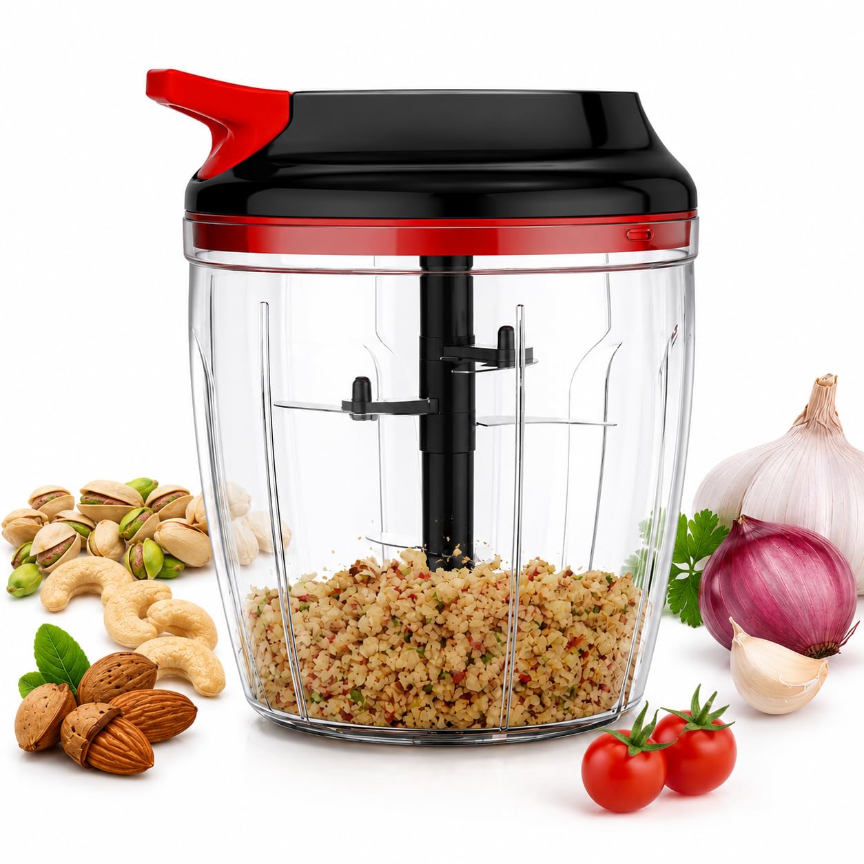 2 in 1 Mega Handy Chopper Manual Vegetable & Fruit Cutter with 6 Stainless Steel Blades Pull Cord Food Processor for Onion, Garlic, Tomato, Nuts & Herbs Unbreakable Container BPA Free - 950ml-image-42