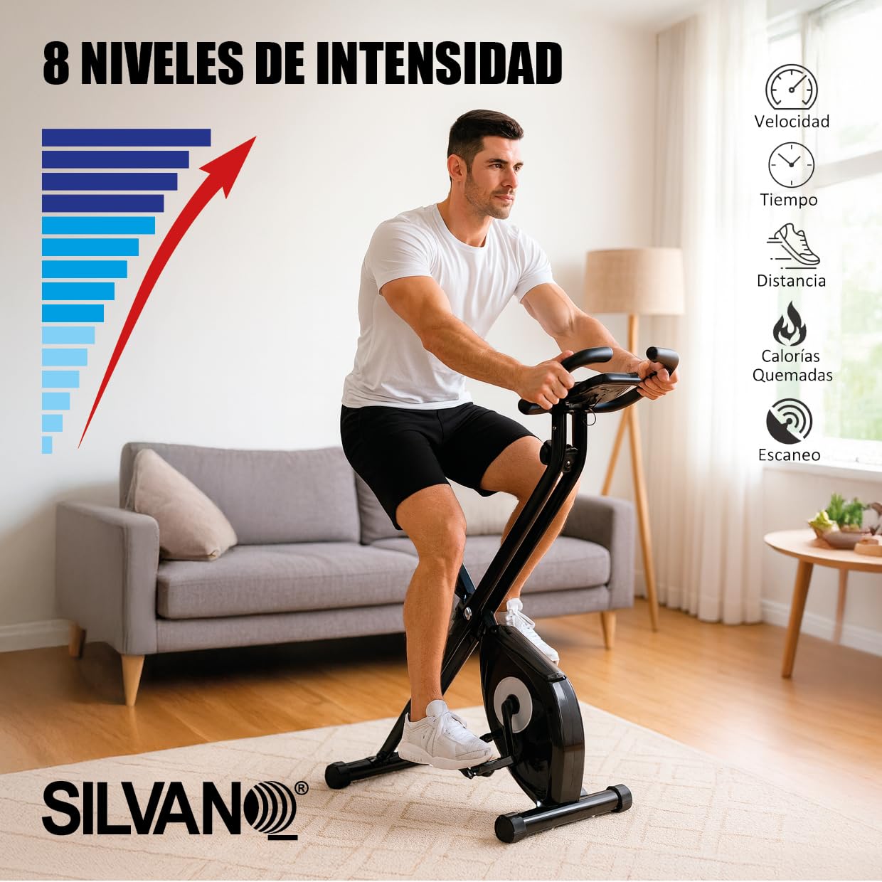 Bicicleta Estática Plegable (8 Niveles de Resistencia) para el Día a Día | Elíptica para Fitness en Casa y Spinning | Pulsómetro + Monitor LCD + Registro de Actividad | Asiento Recolchado Ajustable