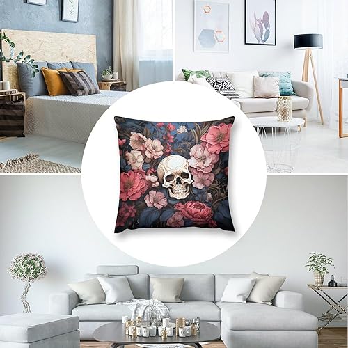 Miniatura 5 de Cojines Decorativos para Sala - Fundas de almohada con diseño de calavera negra con flores rosadas, cuadradas, suaves, de doble cara, para el hogar,