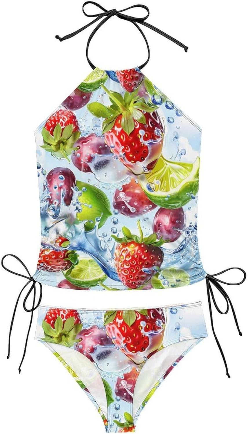 3D Fruits in Water Women's Tankini Swimsuit Two Piece Tummy Control Bathing Suits Tie String Swimwear