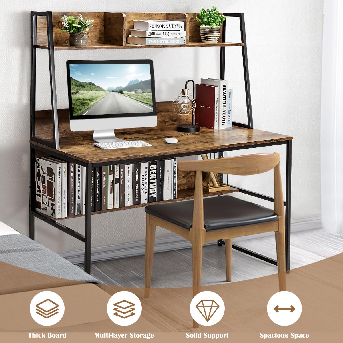 LIFEZEAL Scrivania con appoggio, scrivania per computer con ripiani, tavolo da lavoro multifunzione con libreria, tavoli da ufficio in legno, per studio e camera da letto, 120 x 57 x 140 cm (caffè)