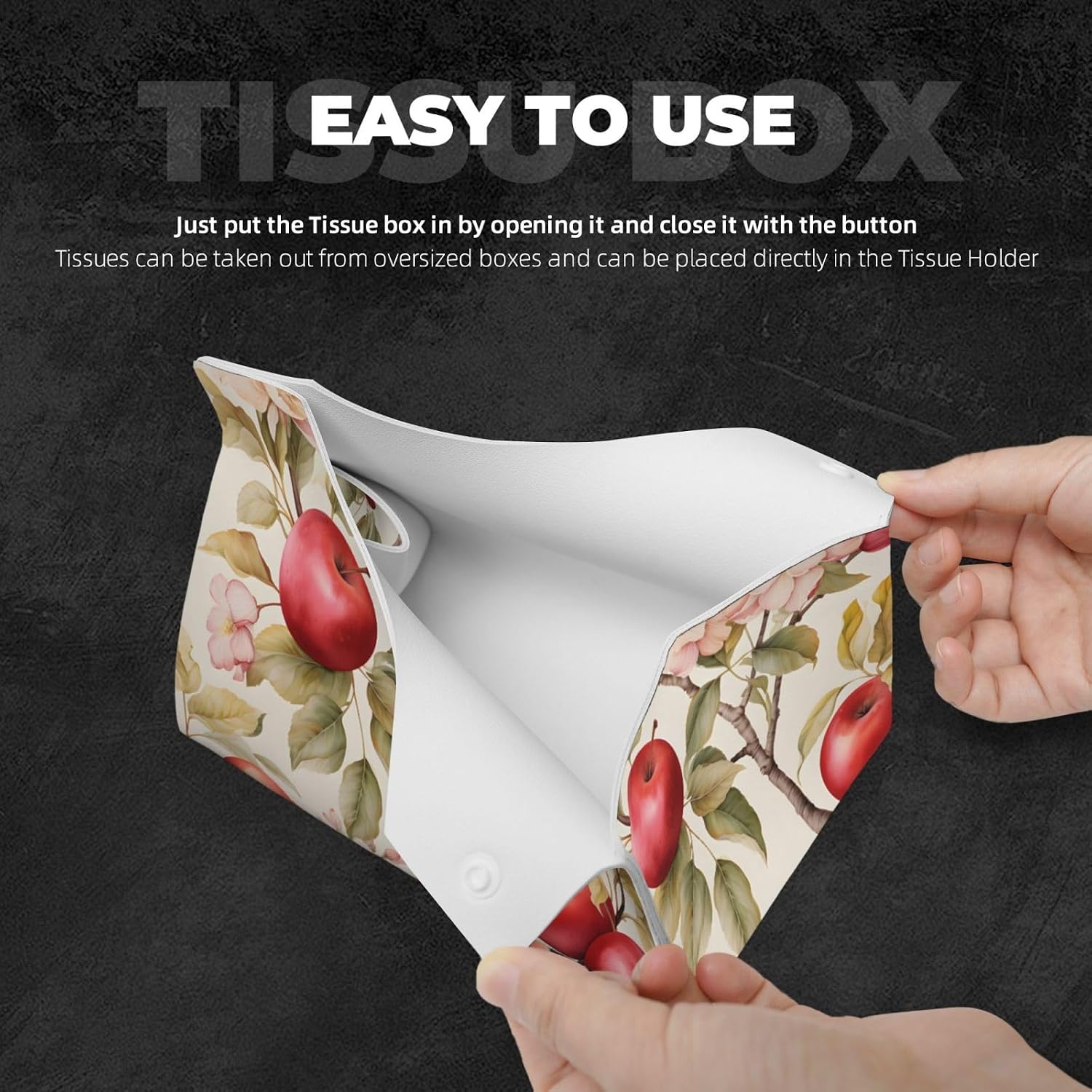 Fruit Apple Flower Pattern Tissue Box Cover Rectangle Leather Facial Tissue Case Paper Holder Organizer Decor Long Tissues Boxes Covers with Bottom Belt for Bathroom Bedroom Dresser Car Office image 4