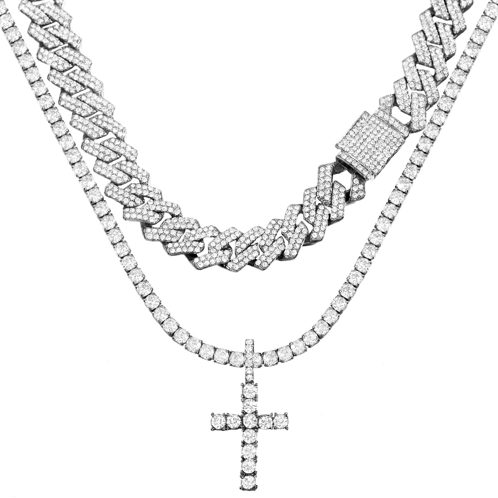 Cuban Link Chain - Iced Miami Cross Pendant Diamond Chain for Women & Men - Religious Jewelry
