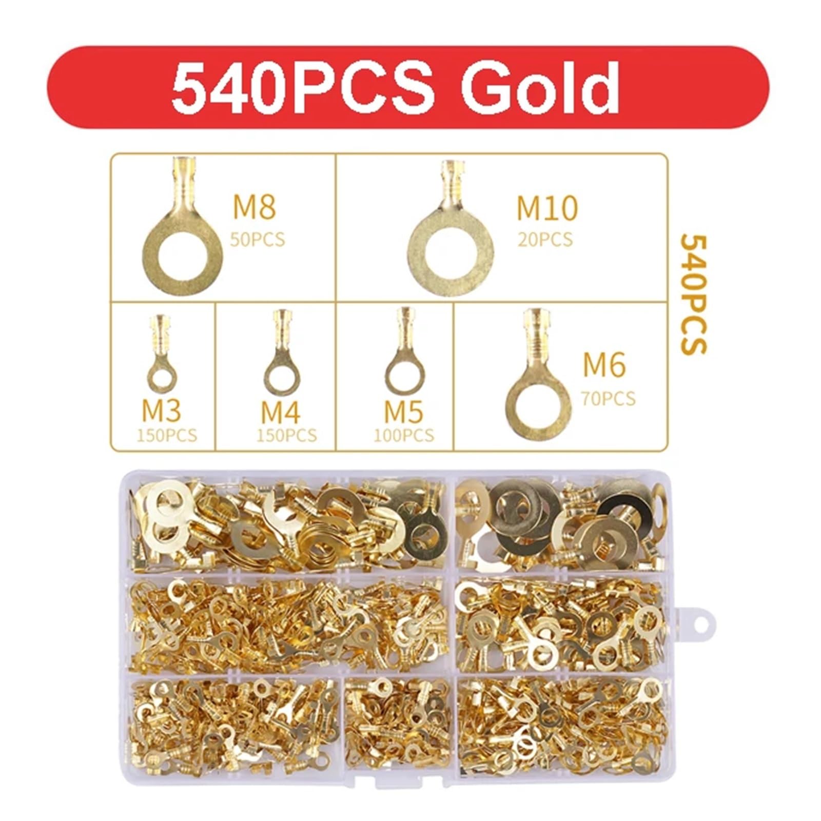 150/540 PCS M3/M4/M5/M6/M8/M10 Ringösen Ösen Kupfer Crimp Terminals Kabelschuh Draht Stecker Nicht isolierte Sortiment Kit(540PCS)