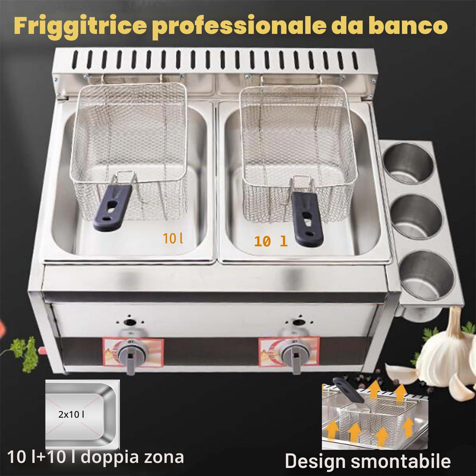 Friggitrice a Doppio Serbatoio da 10L+10L, Friggitrici in Acciaio Inox con Frittura Cestello e Coperchi, Potenza di Fuoco Regolabile, Facile da Pulire, Friggitrice a Olio da Banco per Casa Commerciale