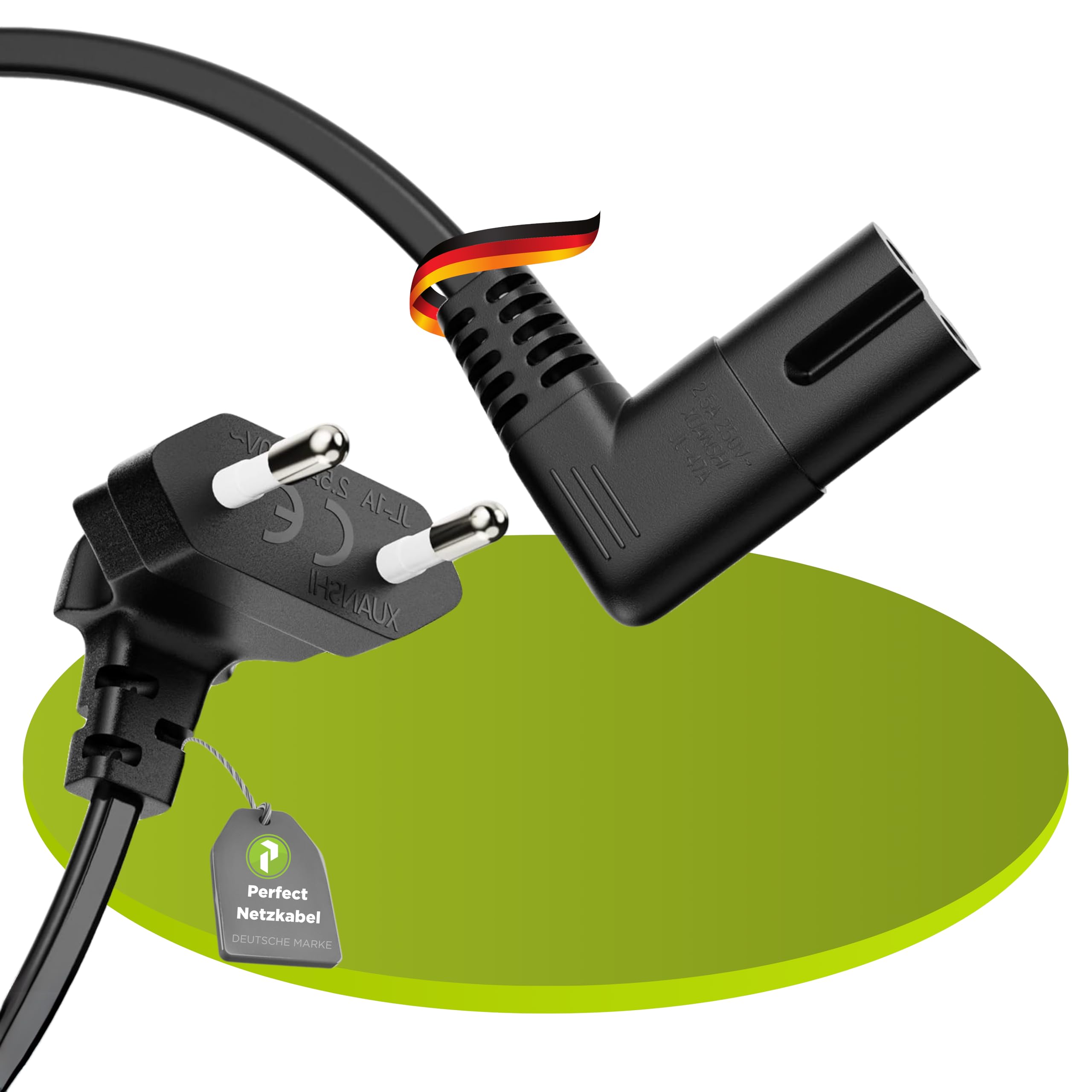 Perfect kabel zasilający, 2-biegunowy, 3 m, wtyczka euro typu C na Euro 8, gniazdo IEC C7, kąt 90°, zasilacz sieciowy do urządzeń gospodarstwa domowego, PS3, PS4, PS5, TV i wielu innych