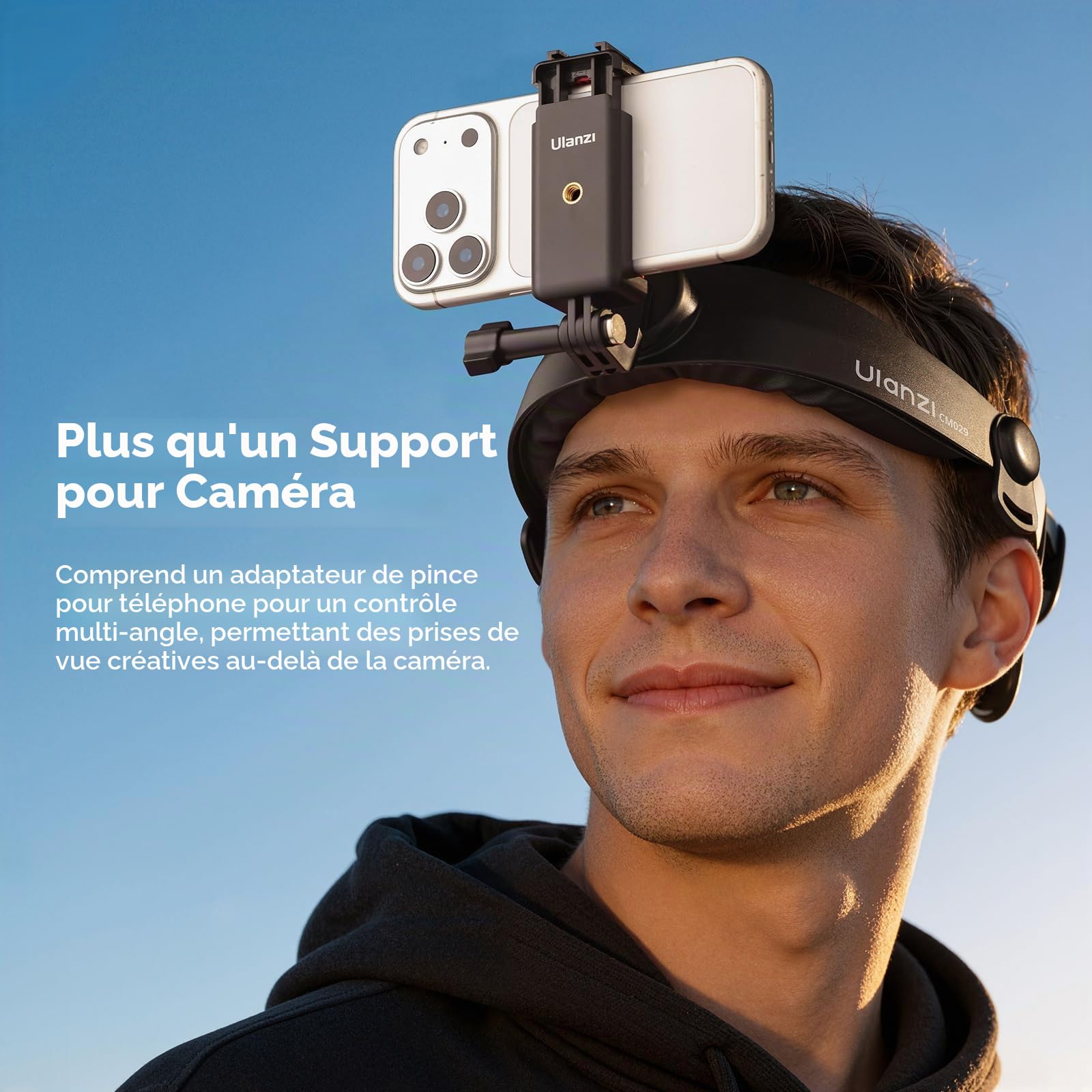 Ulanzi CM029 Fixation Bandeau de Tête Compatible avec GoPro Hero 13/12/11/10/9/8, Insta 360 X5, DJI Action 6/Action 5 Pro/4/3, Rotation à 360°, Support Amovible avec Adaptateur Pince pour Smartphone
