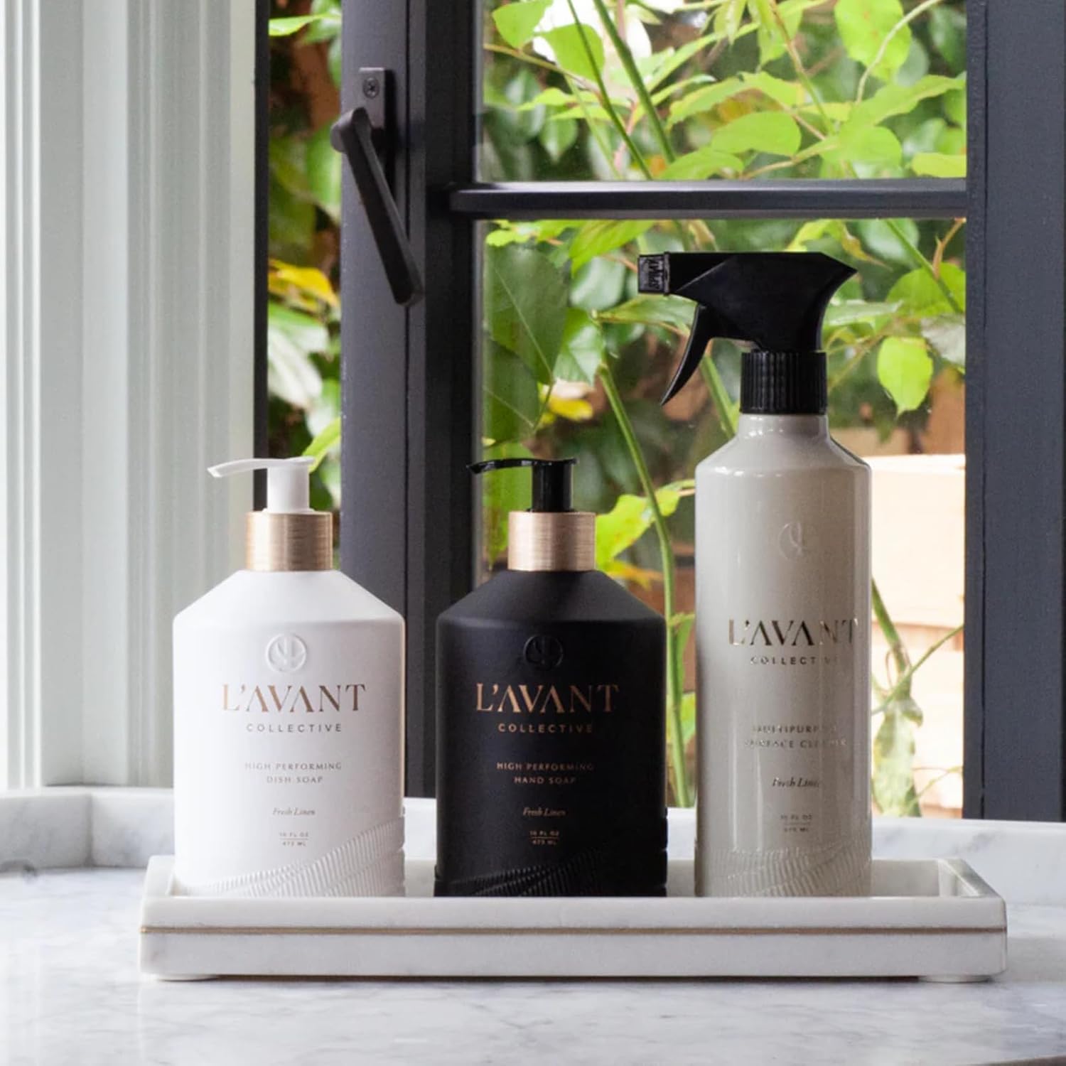 L'AVANT Collective Luxury Sink-Side Starter Bundle Includes White Marble Tray, Hand & Dish Soap, Hand Lotion in Reusable Glass Bottles & Bamboo Dish Scrubber Kitchen Hostess Gifts (Ambre Santal)