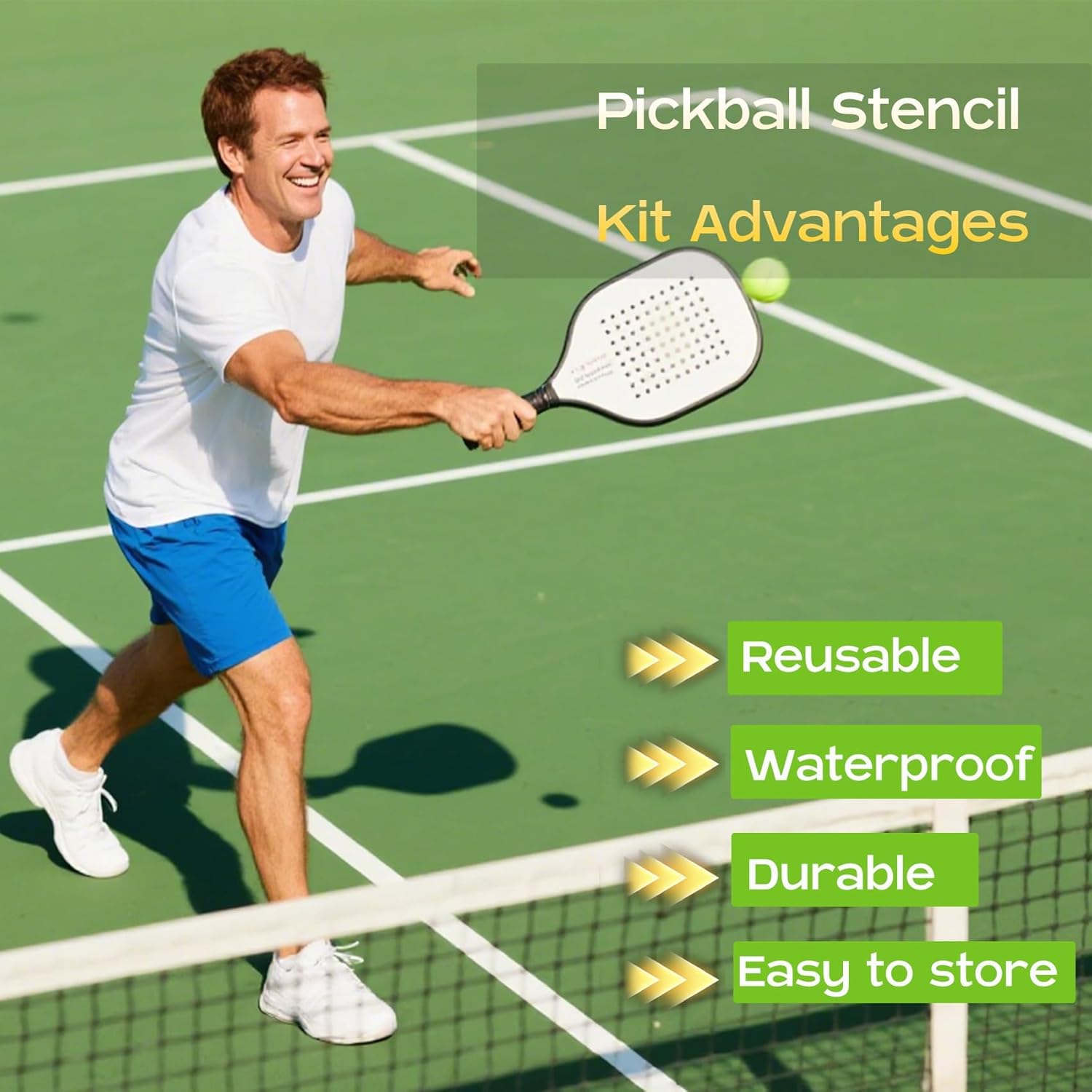 Reusable Pickball Court Stencil Kit – 44x20 ft Full-Size Stencil, Durable Plastic Court Liner for Concrete, Easy Setup with Complete Accessories (Not Paperboard)