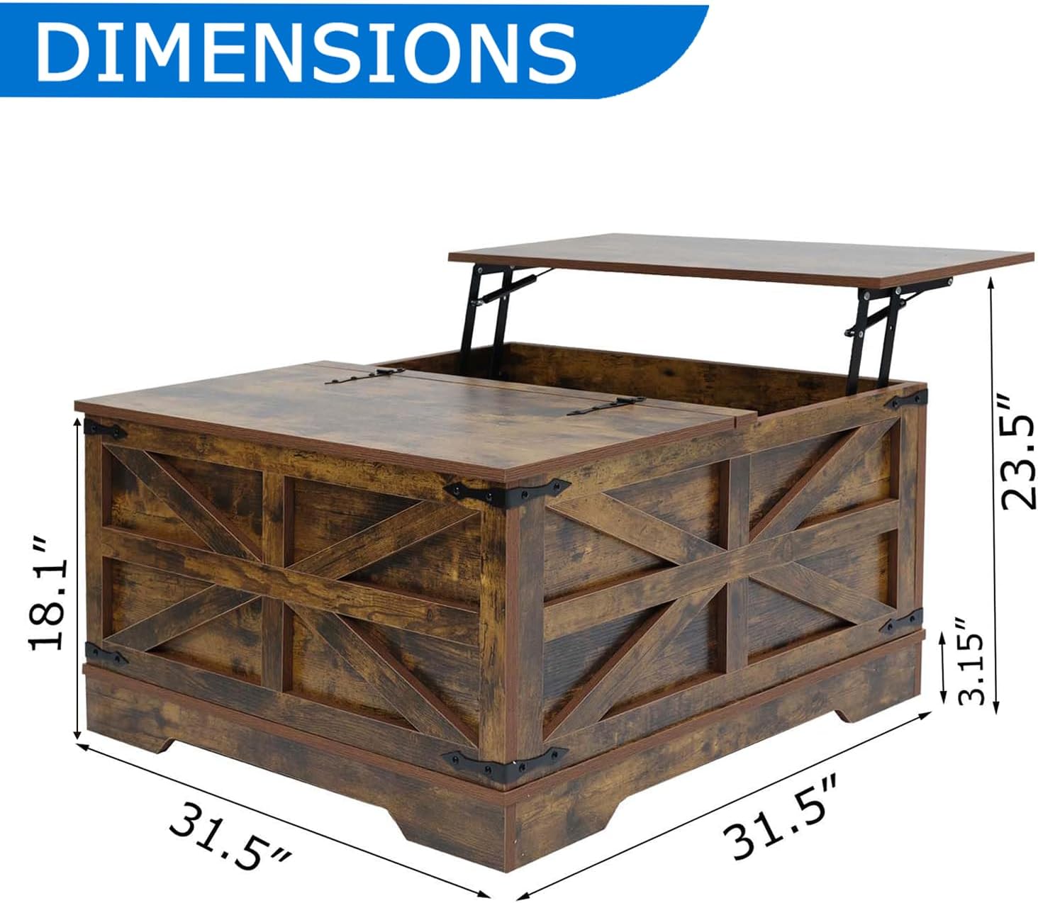 Farmhouse Lift Top Coffee Table with Storage, Square Wooden Coffee Table for Living Room with Lifting Top, Mid Century Modern Center Table with Hidden Compartment, Rustic Brown