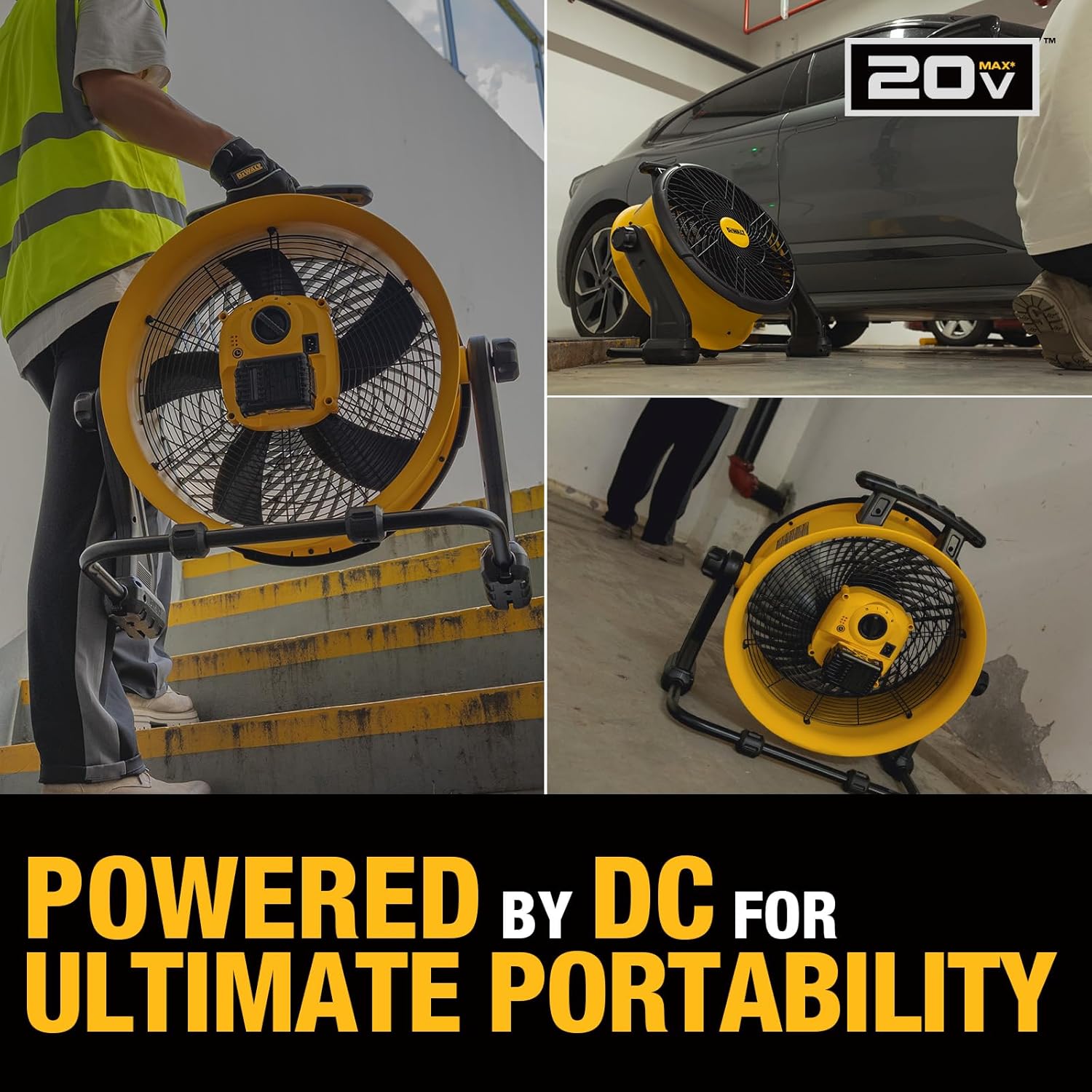 DEWALT Industrial High-Velocity Floor Fan AC/DC Dual Power Supply, 270° Adjustable Tilt Design 3-Speed 4000 CFM 6 ft Cord 18-Inch Barrel Fan, DXF1850B (Tool Only)
