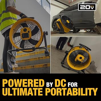 DEWALT Industrial High-Velocity Floor Fan AC/DC Dual Power Supply, DXF1850B | 270 Adjustable Tilt Design, 3-Speed, 4000 CFM, 6 ft Cord, 18-Inch Barrel Fan