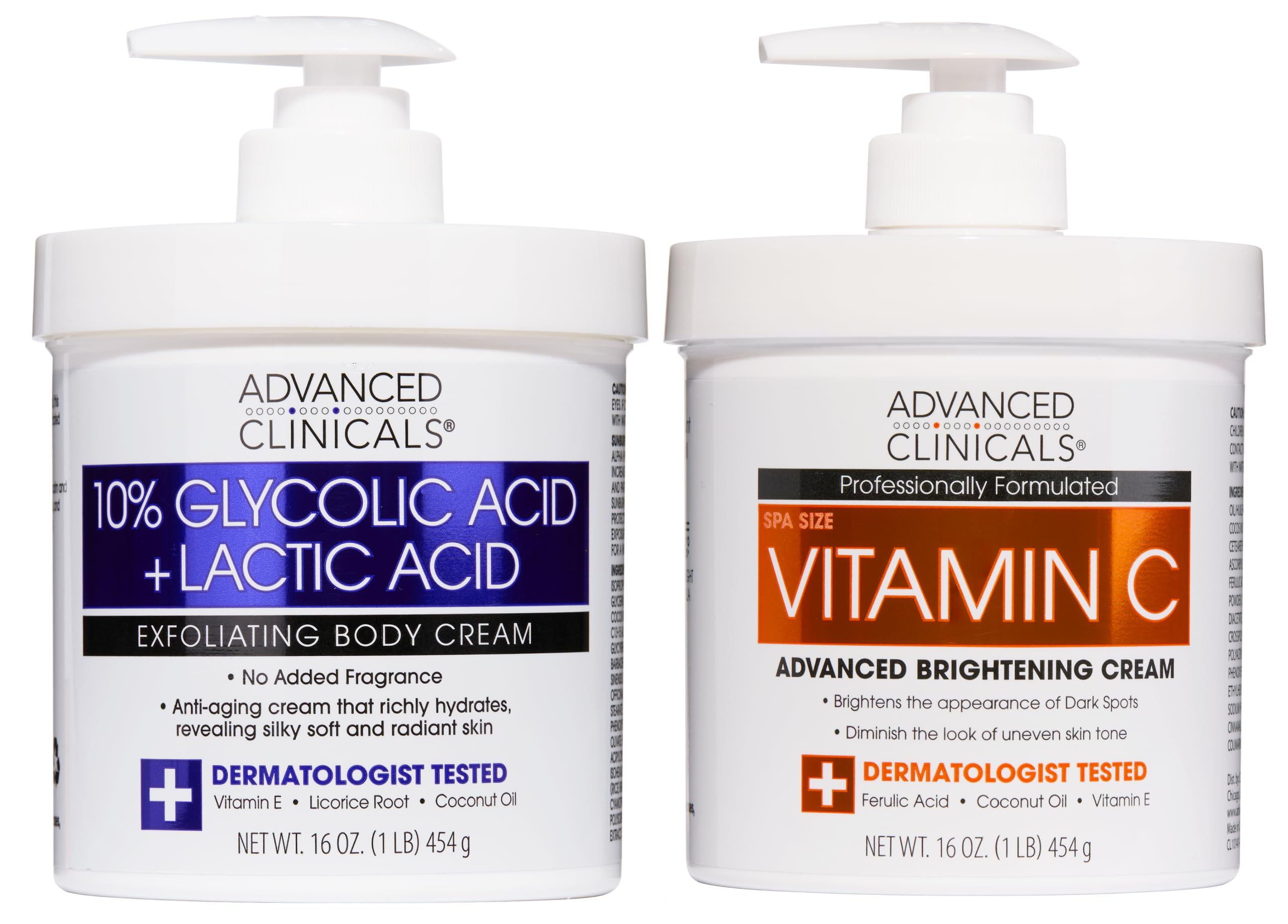 Advanced Clinicals Brightening Vitamin C Body Cream + AHA Exfoliating 10% Glycolic Acid & Lactic Acid Lotion 2PC Skincare Set For Women & Men To Reduce Appearance Of Dark Spots & Uneven Skin Tone