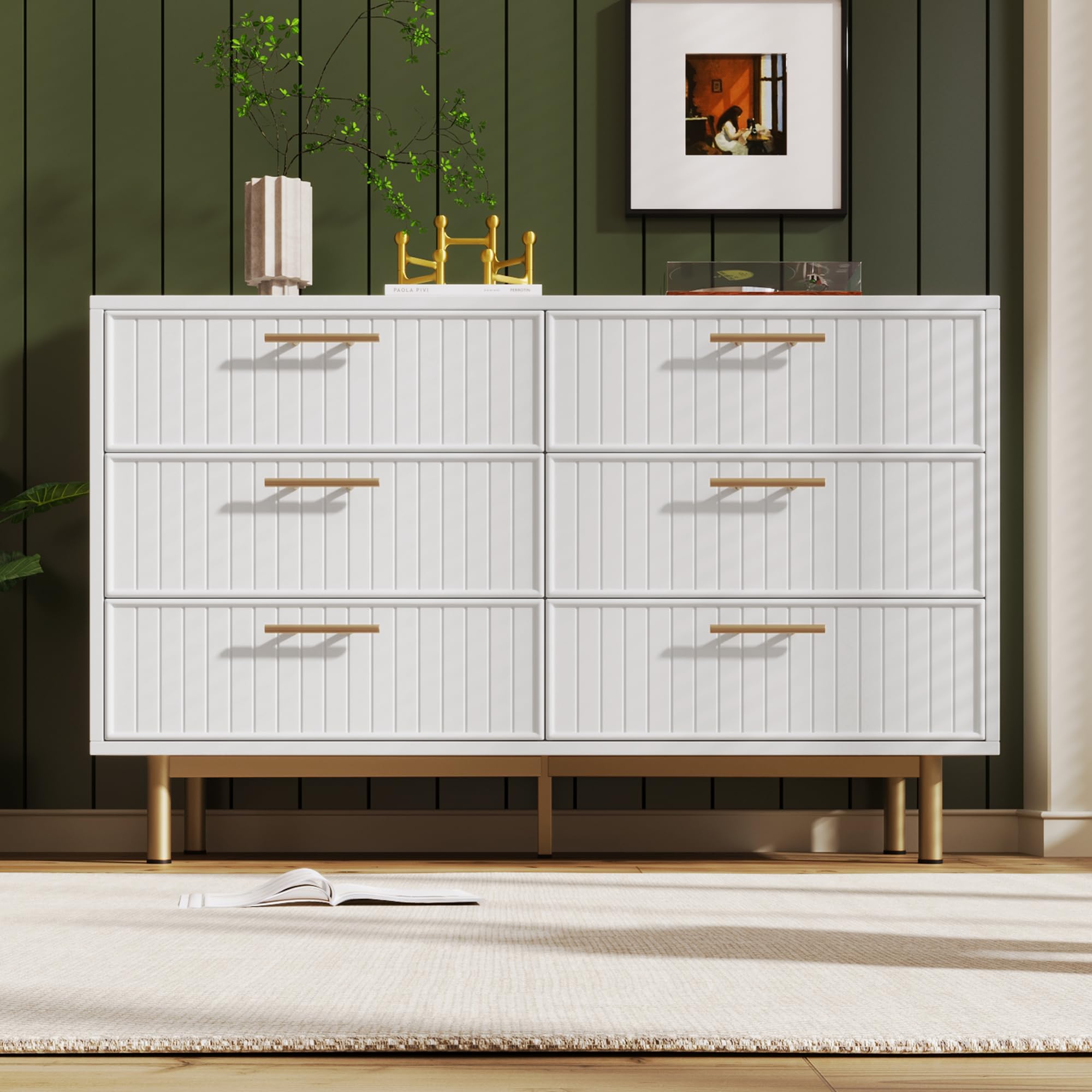 ModernLuxe Chest of Drawers with 6 Drawers, Hallway Storage Unit with Ribbing Drawer Fronts, Living Room Cabinets with Adjustable Middle Leg, Sideboard Storage Cabinet, White, 120 x 40 x 75 cm