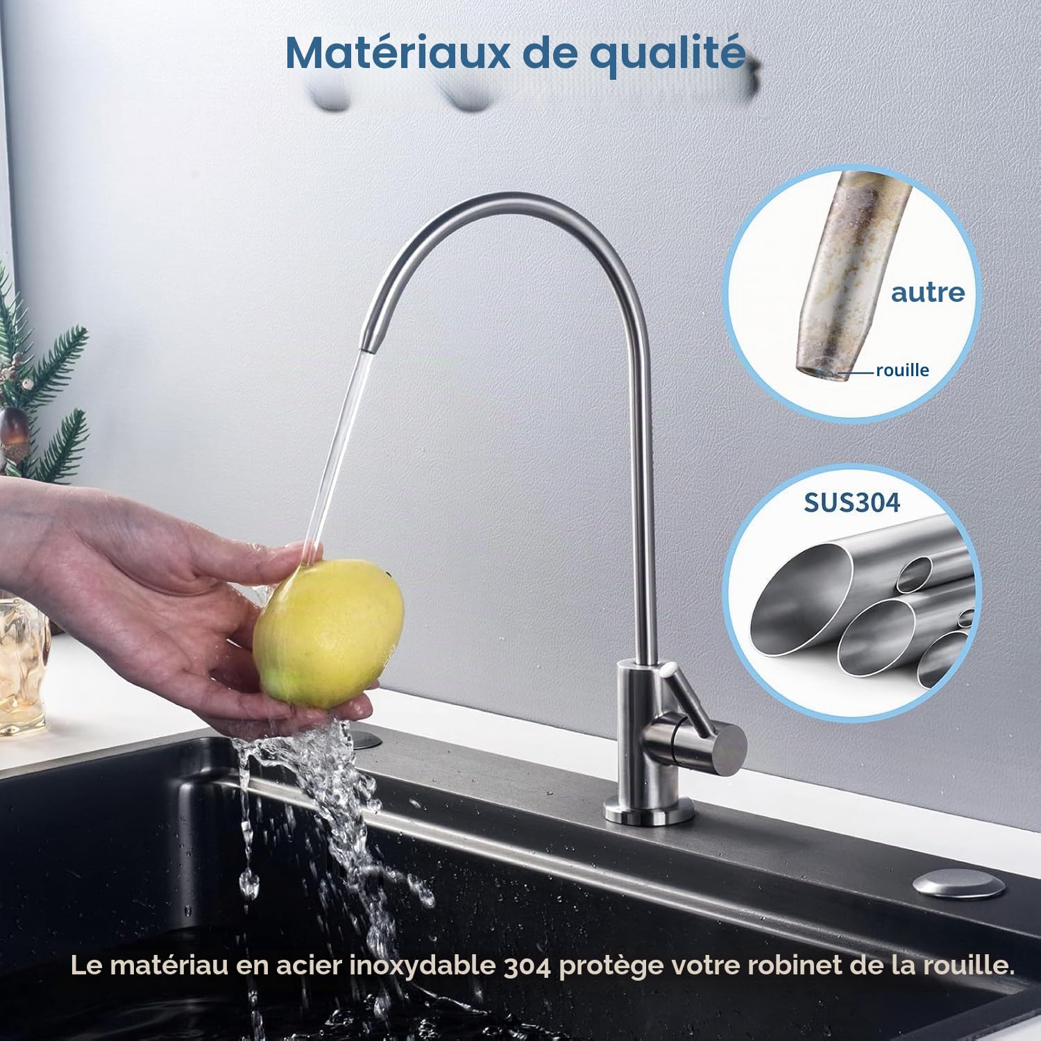 Robinet de Filtre à Eau Inox 1/4", 360° Pivotant pour Osmose Inverse Sous Évier