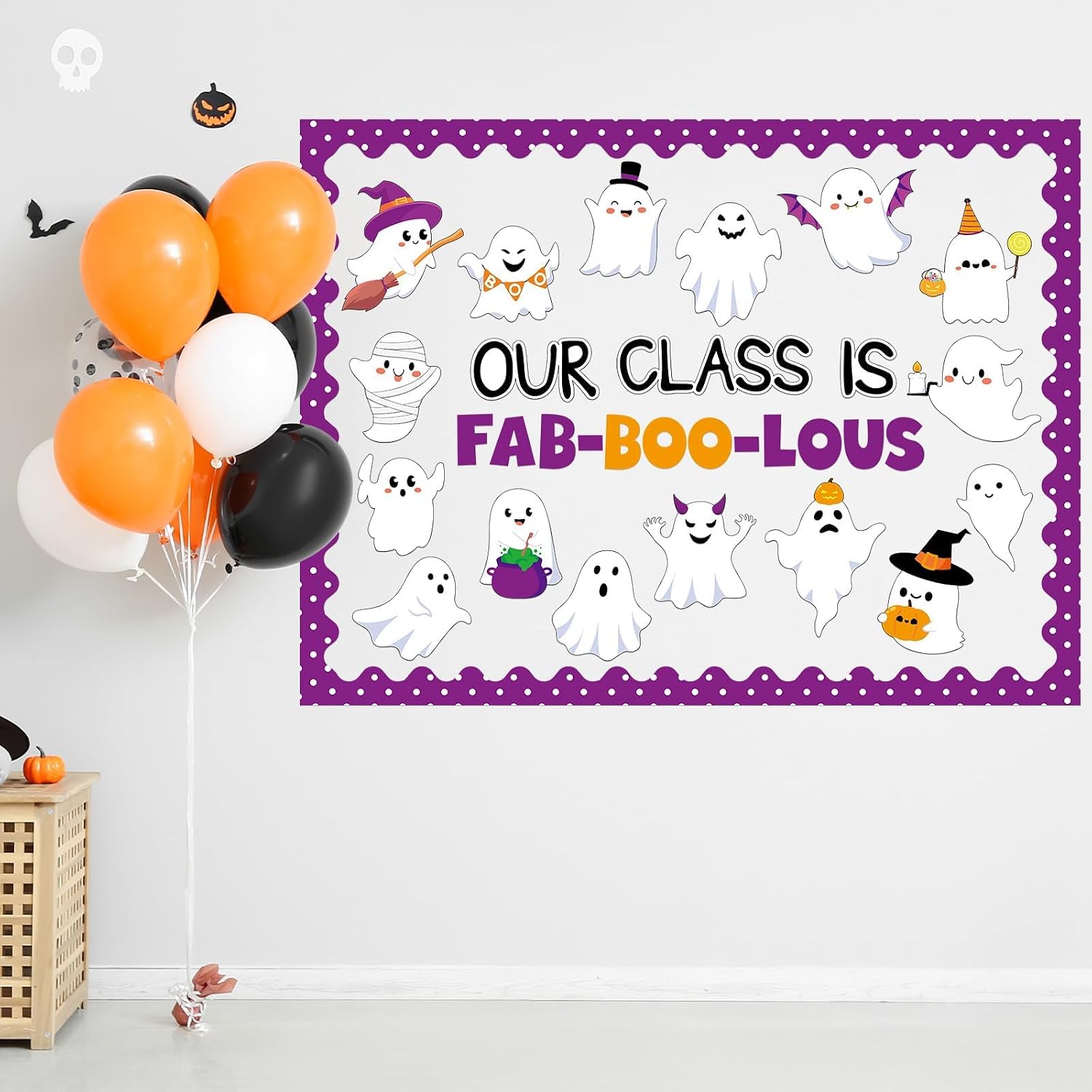 Halloween Bulletin Board Decoration Set Cute Ghost Paper Cutouts Blackboard Border Ghosts Classroom Decorations Trim Name Tag Set for Halloween Elementary School Classroom Chalkboard Wall Decor