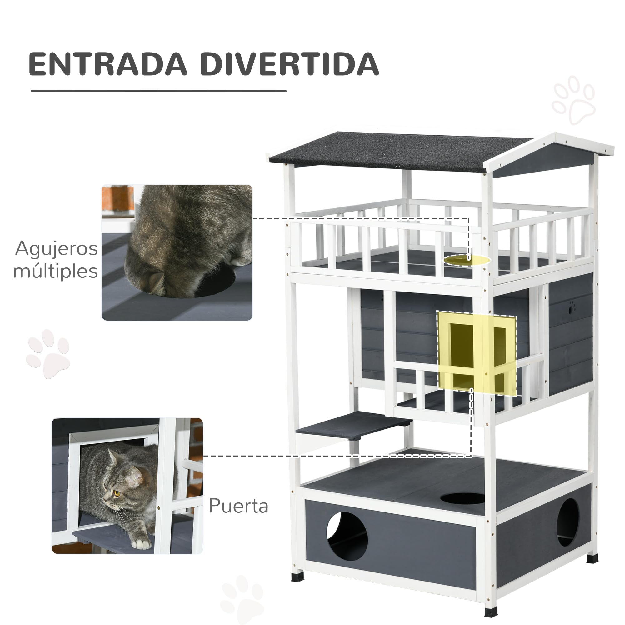Pawhut Casa para gatos de madera de abeto con gran espacio de 4 niveles y espacio extraíble para arena, 78 x 76 x 140 cm, gris y blanco