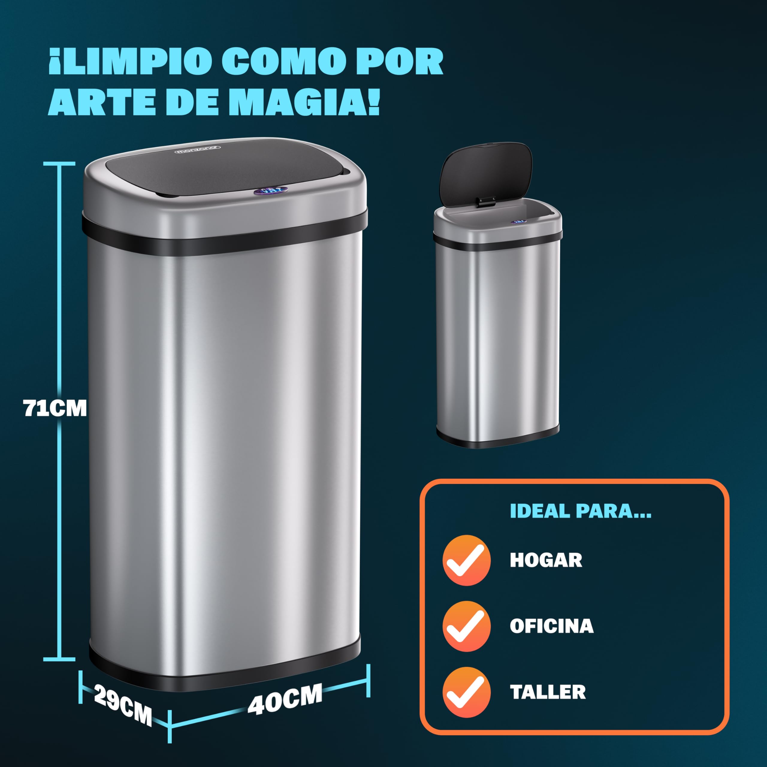 Monzana® Cubo de Basura Cocina con Sensor 58 L Acero Inoxidable Tapa Automática Extraíble Anillo Seguridad Indicador LED Cable USB Casa Oficina Plata