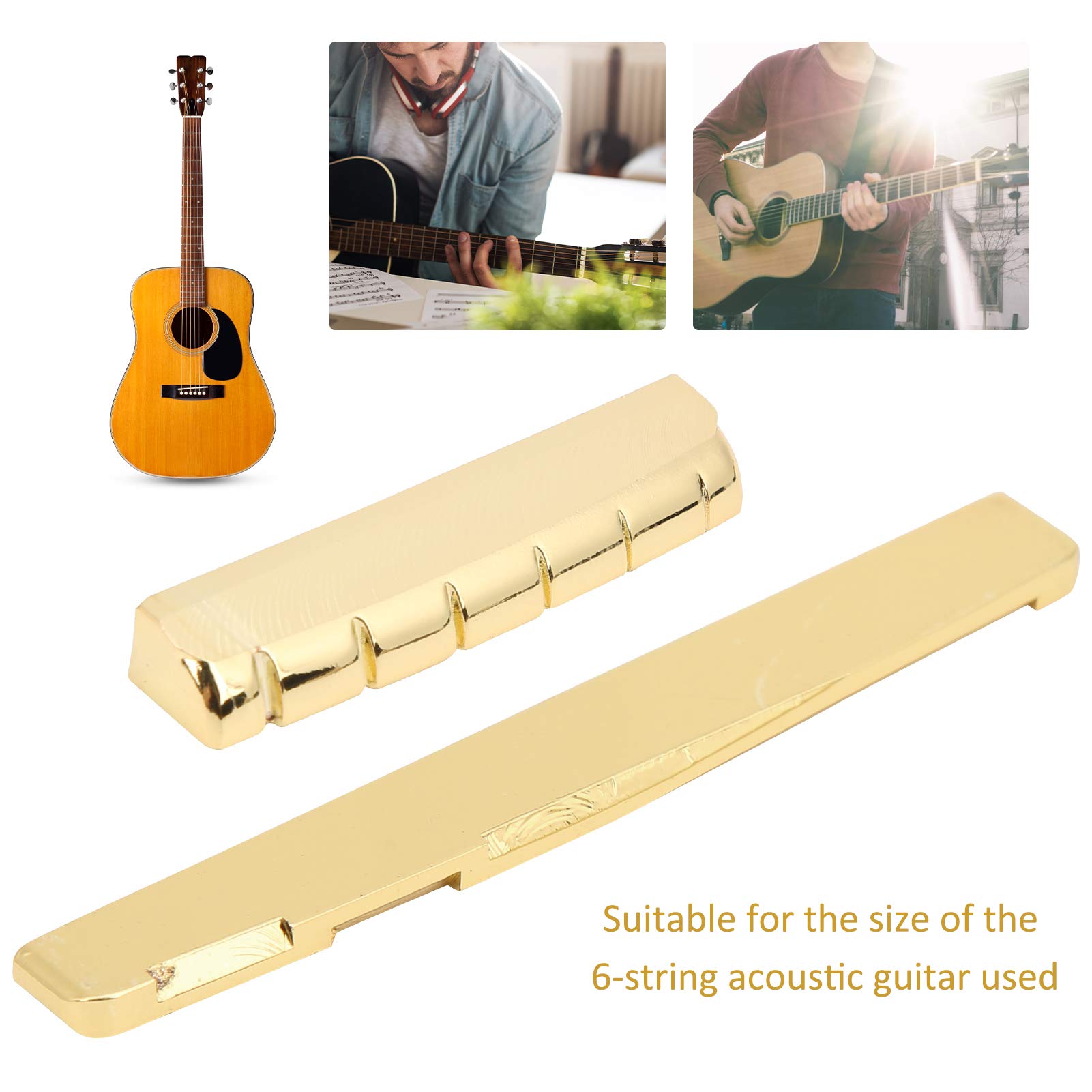 Guitar Nut and Saddle Set, Metal Acoustic Brass, 6 String Musical Instrument Accessories Acoustic Guitar Brass Nut and Saddle Gold Plated for Acoustic Folk Guitar (Upper pillow