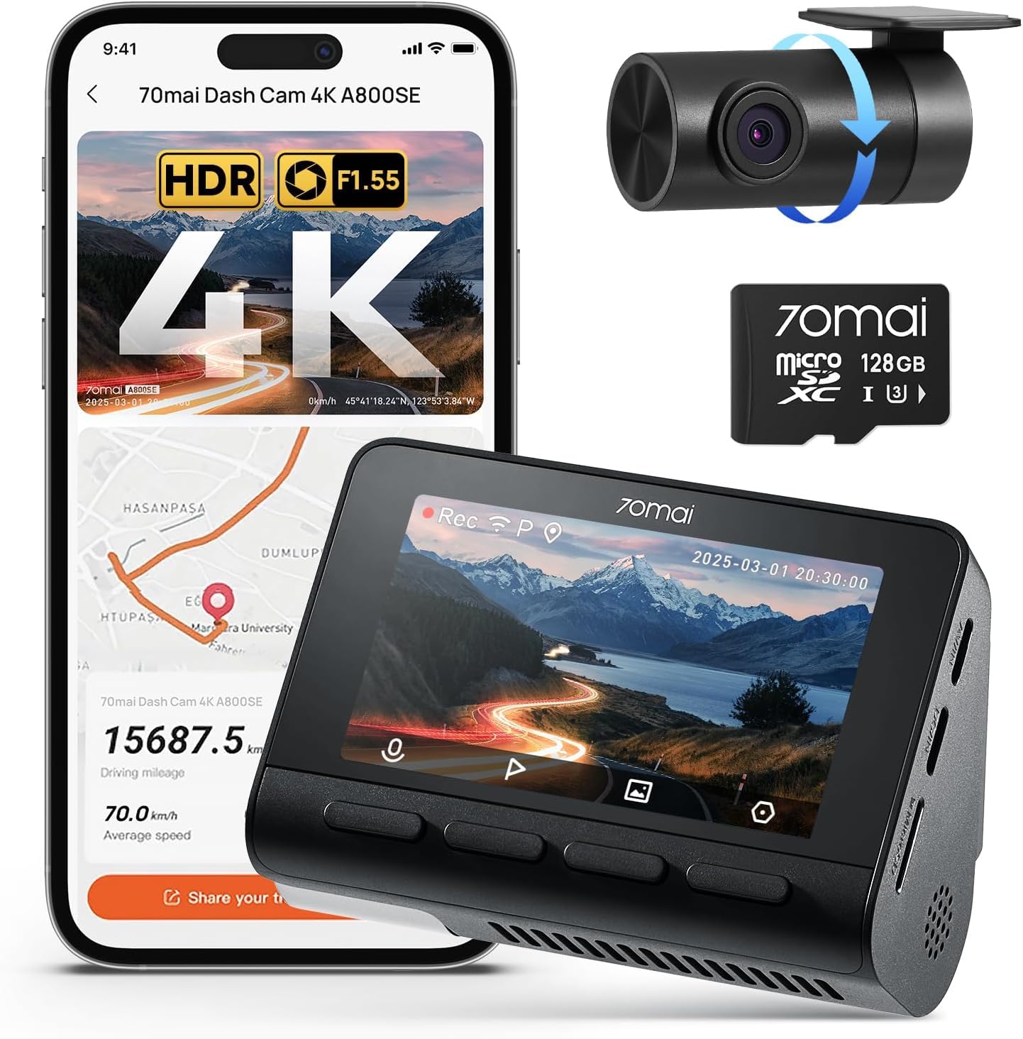 70mai 4K Dash Cam Front and Rear, Built in Wi-Fi 6 & GPS Car Camera, Super Night Vision, ADAS, 3'' IPS Screen, 24H Parking Mode, Time-Lapse, Loop Recording, with 128GB Card (A800SE)
