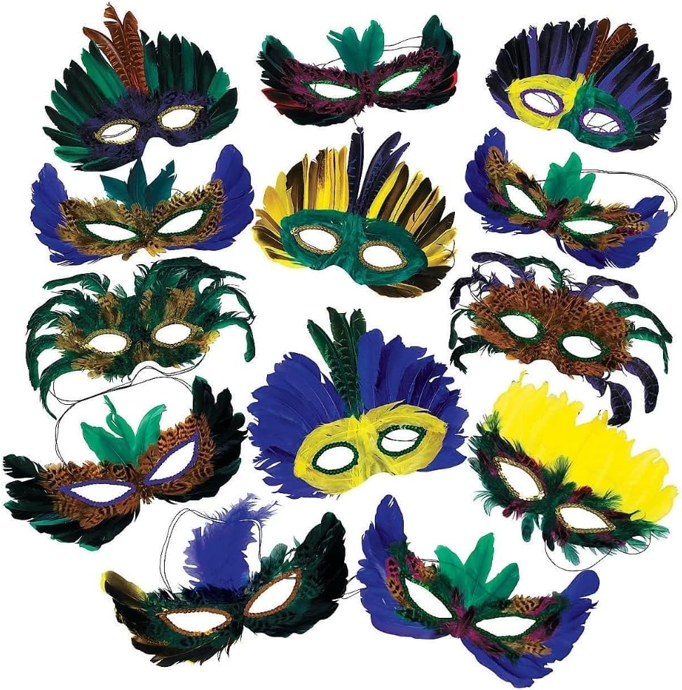 Oriental Trading 12-Piece Assorted Colorful Mardi Gras Masks - 11.75". x 7.74" | Multicolor Feather Design Mardi Gras Mask, Perfect Masks for Masquerade Party, Party Supplies & Party Favors