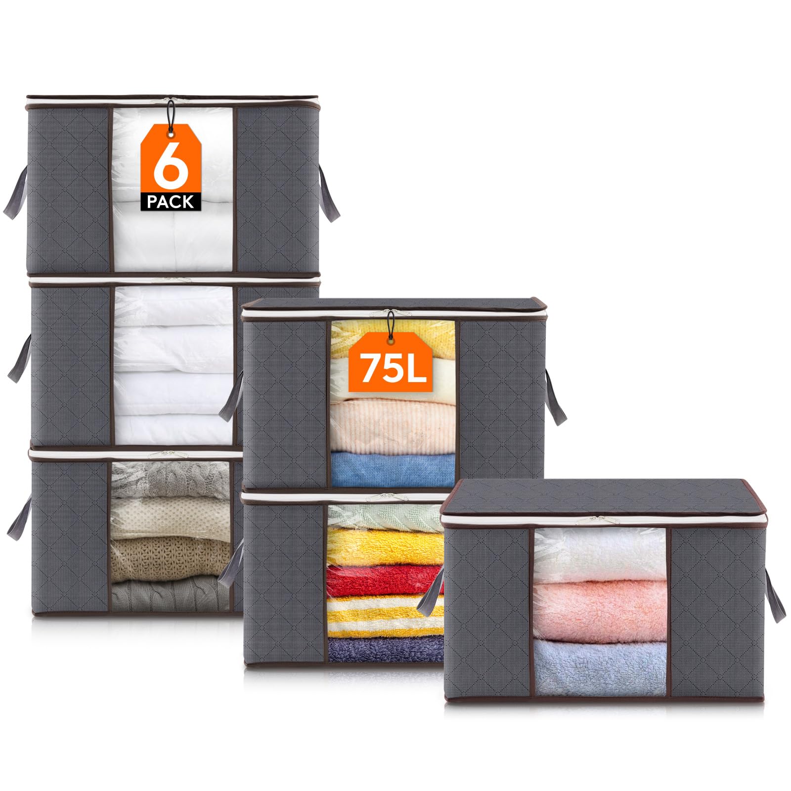 Lifewit 6 Stück 75L Aufbewahrungstasche für Kleidung, Faltbar Aufbewahrungsbox, Organizer für Kleiderschrank mit verstärktem Griff, stabilem Stoff, klarem Fenster, Grau