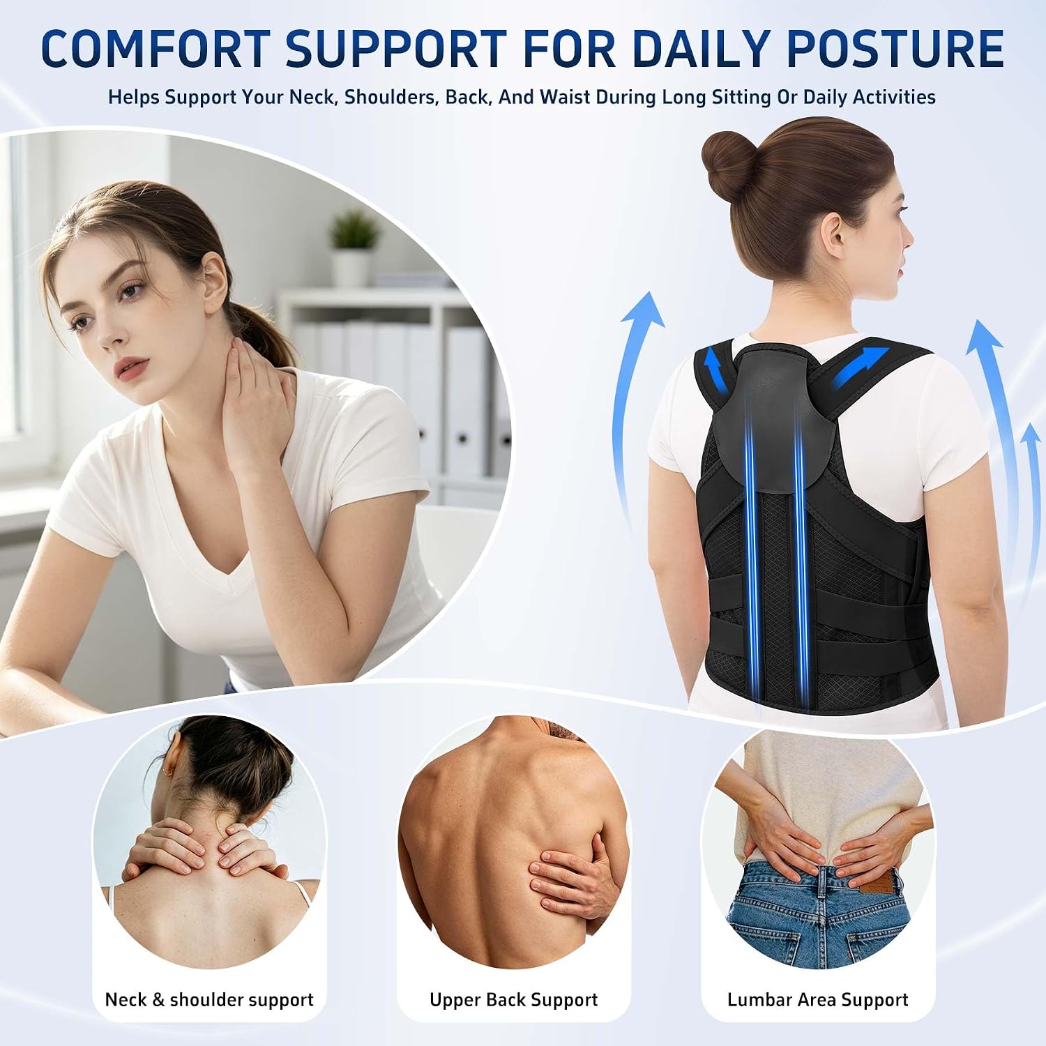 Posture Corrector for Women and Men Upper Back Brace Straightener Support Rounded Shoulder Adjustable Straps Breathable Mesh Office Work Computer Use Desk Job Studying Daily Wear (Black M)