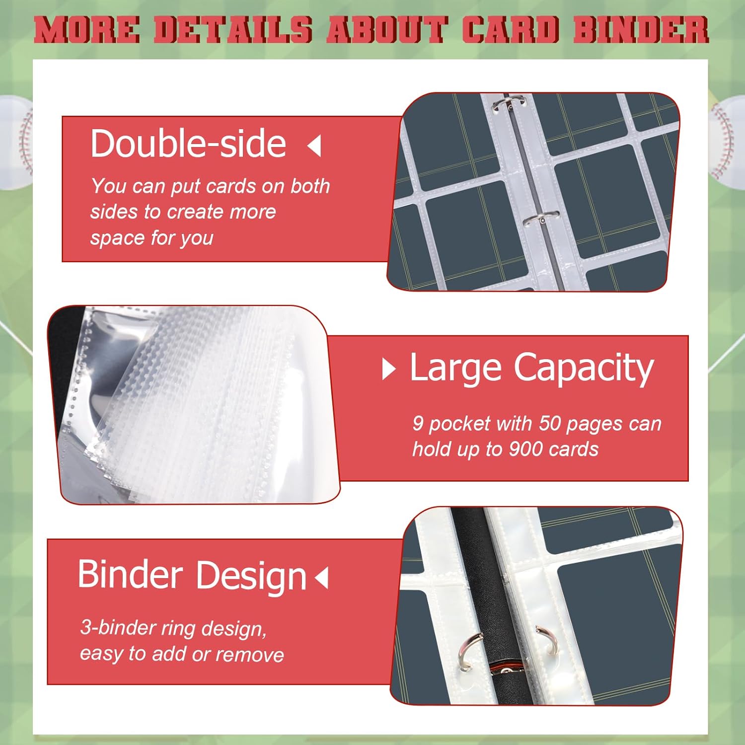 Baseball Card Binder 9-Pocket, HYMENEX Trading Card Binder 900 Pockets with Keychain and 50 Removable Sheets for Trading, Sports, Game and Baseball Cards Collection