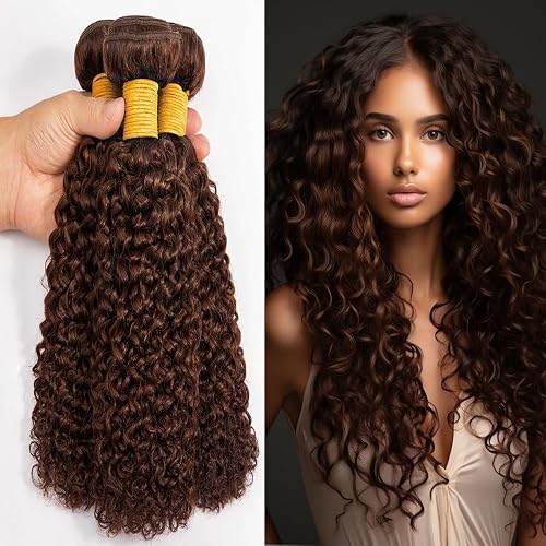 Chocolate Brown Curly Wave Bundles Color #4 Dark Brown Kinky Curly Human Hair Bundles 24 24 24 Inch Double Weft Brazilian Hair Extensions Wet and Wavy Bundles Silky Soft