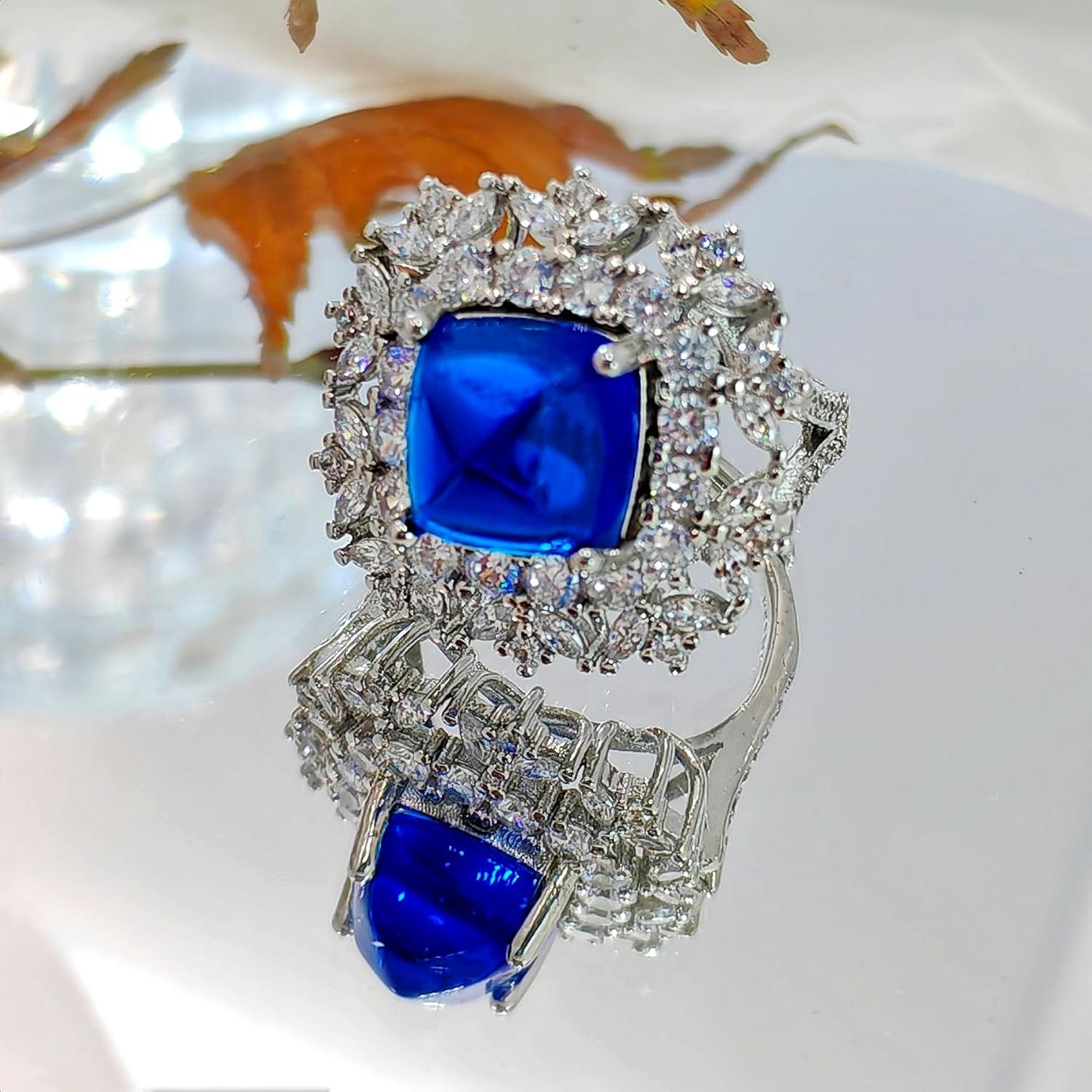 Luxury Statement Ring with Blue CZ Center Stone, CZ Stones Halo, Silver-Tone - Image 2