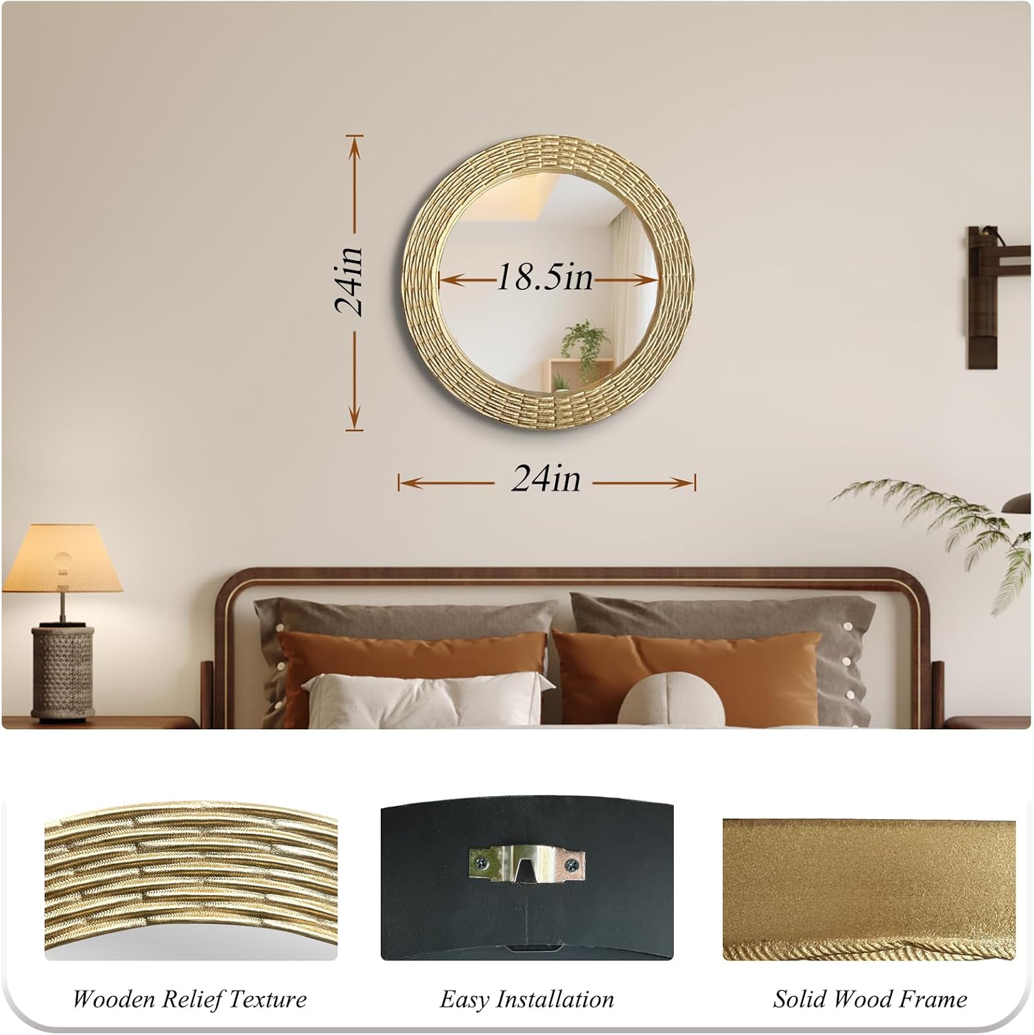 WAMIRRO Gold Round Wood Wall Mount Mirror, 24 Inch Hand Carved Solid Wood Frame Circle Mirror, Farmhouse Boho Decor for Living Room, Bathroom, Bedroom, Hallway & Entryway