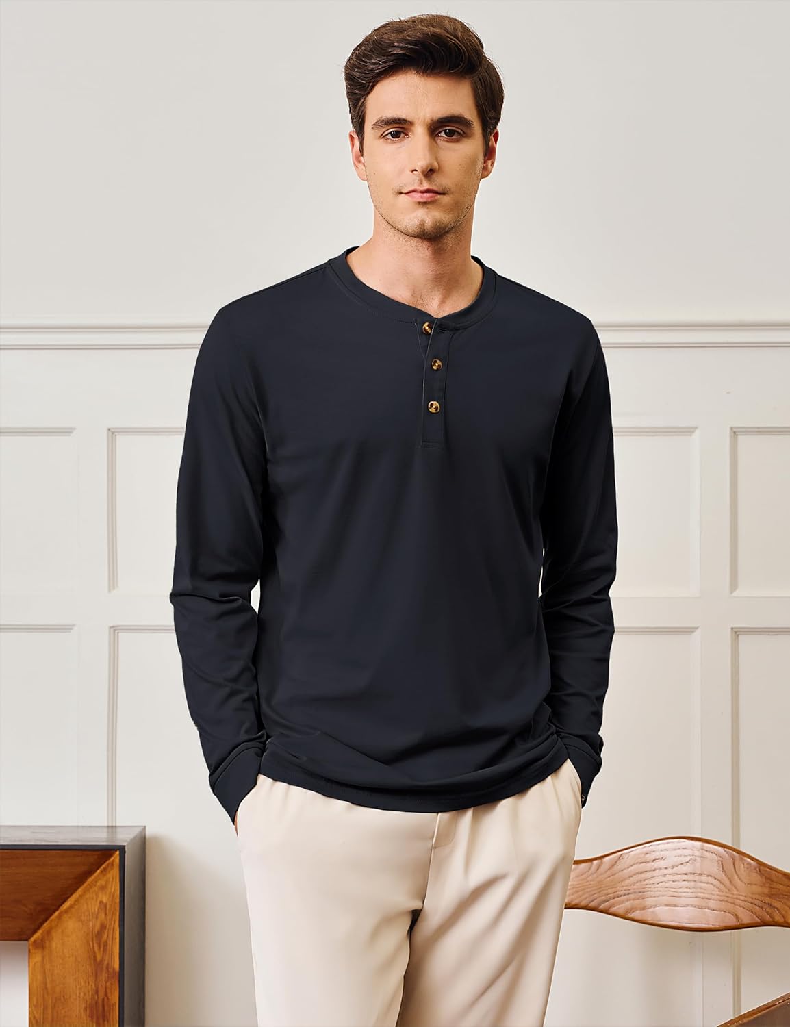 Cotrasen Mens Henley Shirts Cotton Long Sleeve Shirts 3 Button Tops Fashion Casual Basic Tee - Image 3