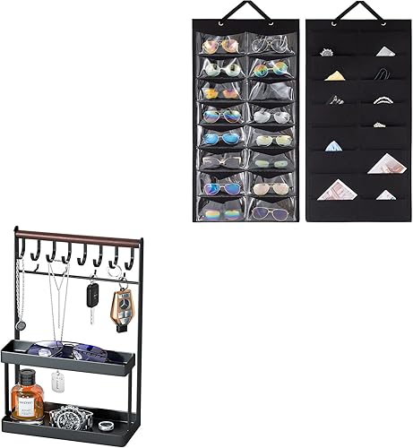 Lolalet Sunglasses Organizer Storage Bundle with 4-Tier Jewelry Tower Rack with 12 Hooks