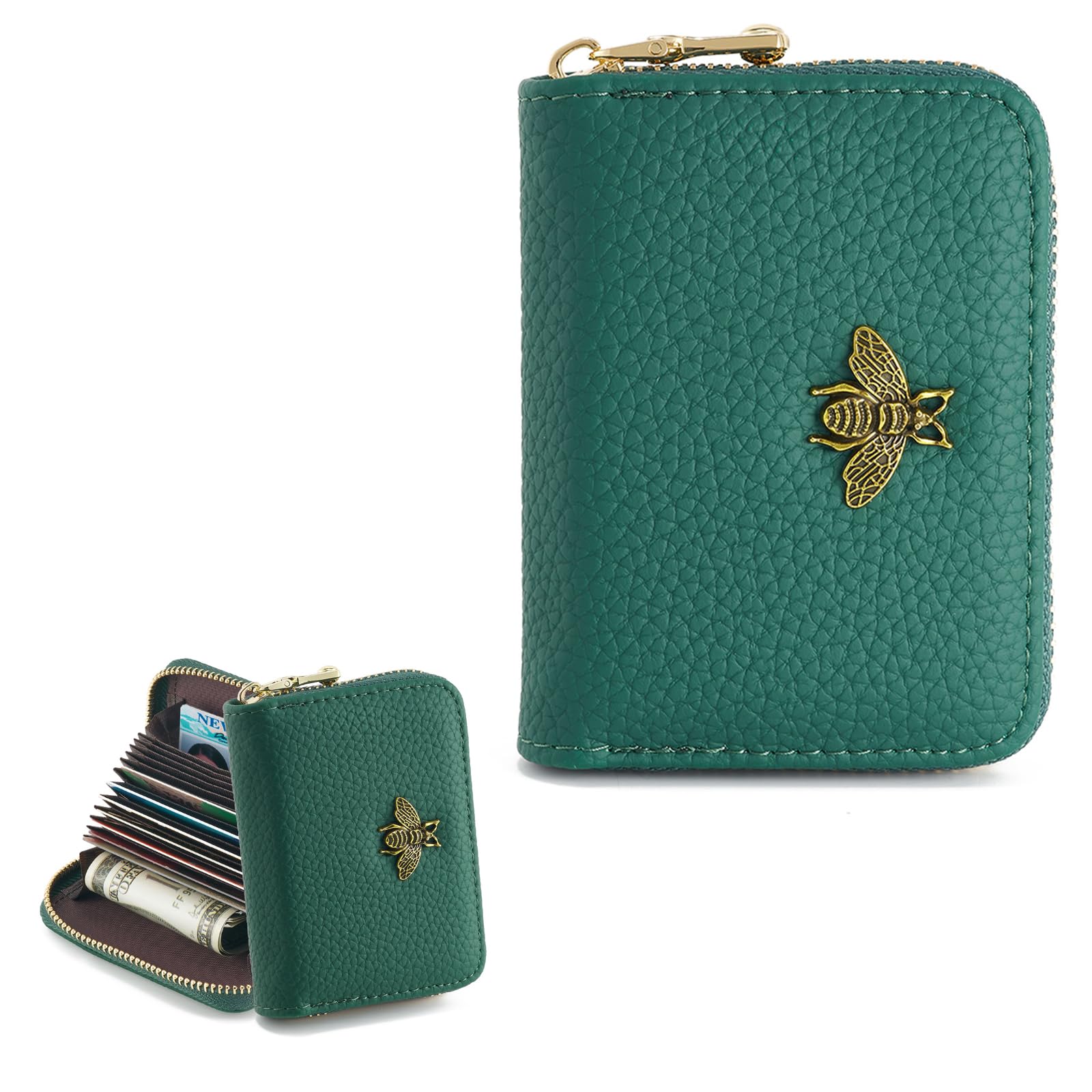 WOZEAH Small Women RFID Wallet Credit Card Holder, Accordion Wallet Leather Zipper Card Case（Green）