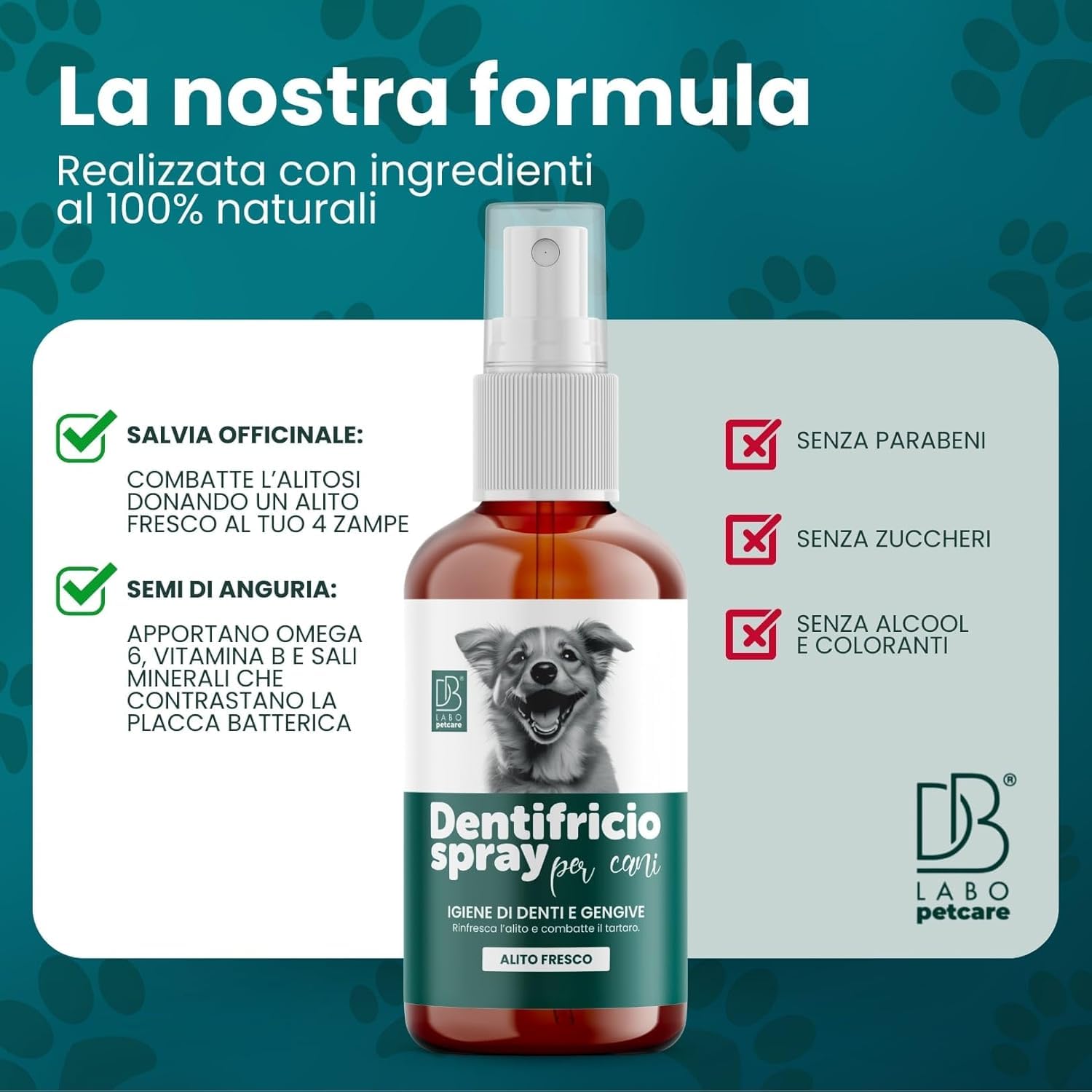 Dentifricio Spray per Cani Antialitosi 100ml Salvia Menta Tea Tree Made in Italy