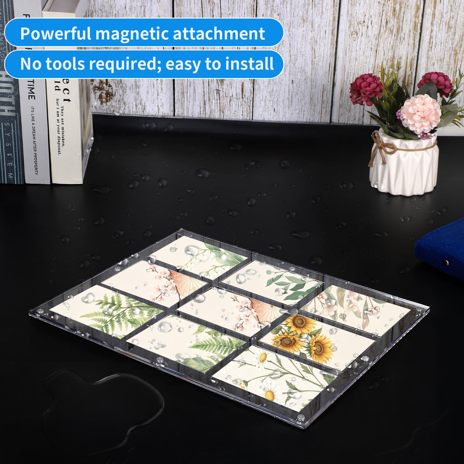 SWAWIS Porte-cartes en acrylique 31,4 x 24 x 0,65 cm avec socle, porte-cartes magnétique résistant aux UV, collections, photos, pour 9 emplacements pour cartes
