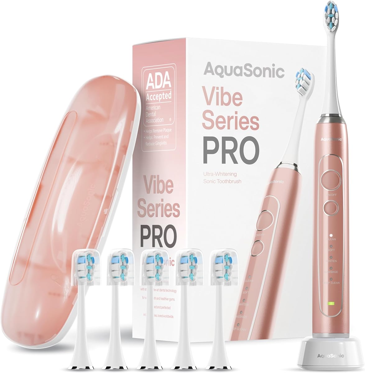 Vibe Series PRO – Ultra-Whitening Electric Toothbrush – 5 Modes & Smart Timers – Premium Travel Case & 6 Proflex Brush Heads – ADA Accepted Toothbrush (Rose Gold)
