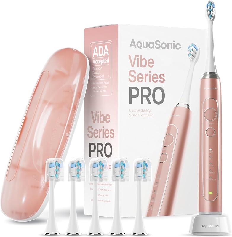 Vibe Series PRO – Ultra-Whitening Electric Toothbrush – 5 Modes & Smart Timers – Premium Travel Case & 6 Proflex Brush Heads – ADA Accepted Toothbrush (Rose Gold)