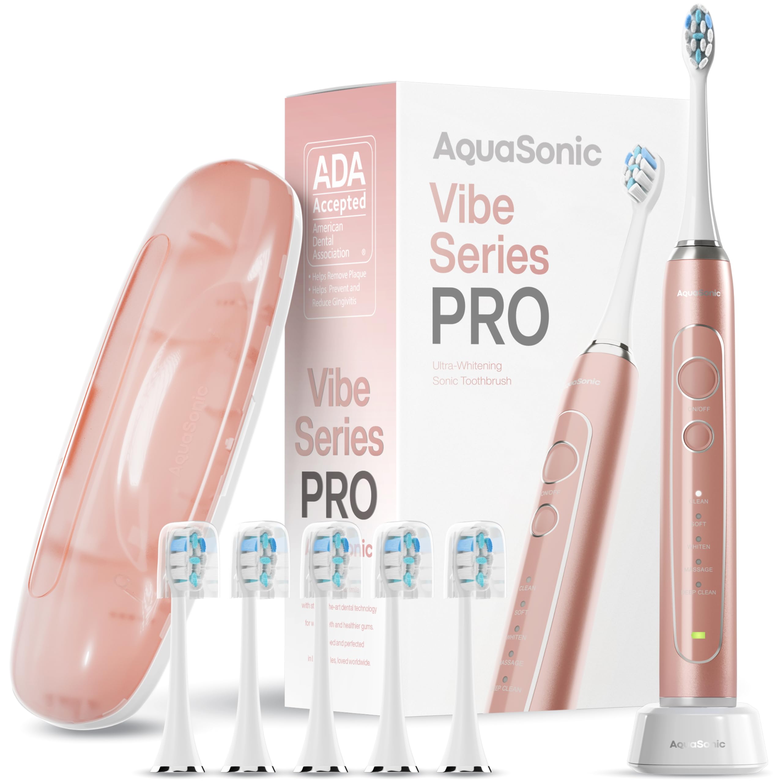 Aquasonic Vibe Series PRO – Ultra-Whitening Electric Toothbrush – 5 Modes & Smart Timers – Premium Travel Case & 6 Proflex Brush Heads – ADA Accepted