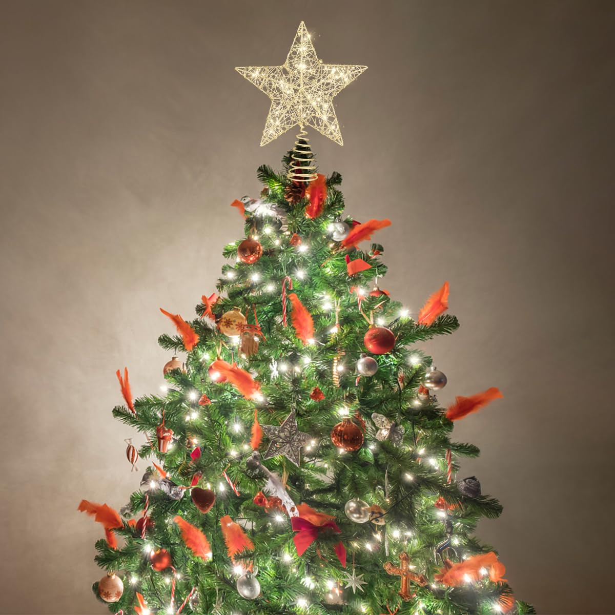 Tomaibaby Christmas Tree Topper: 10 Inch Gold Glitter Star Tree Topper with 20 LED Lights - Image 4